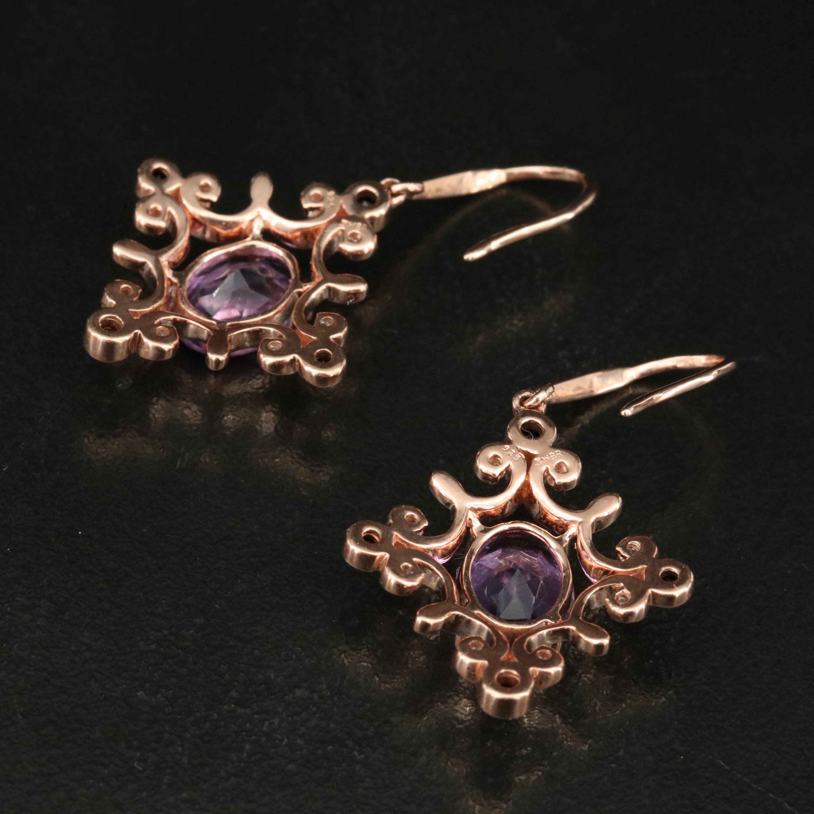 Sterling Amethyst and Zircon Scrollwork Earrings