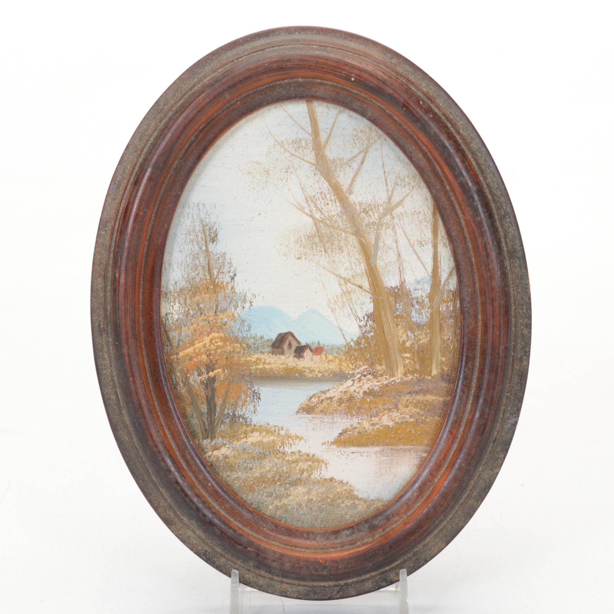 Wm. L. Gilbert Clock, Six-Panel Bent Slag Glass and Spelter Lamp, Oval Painting