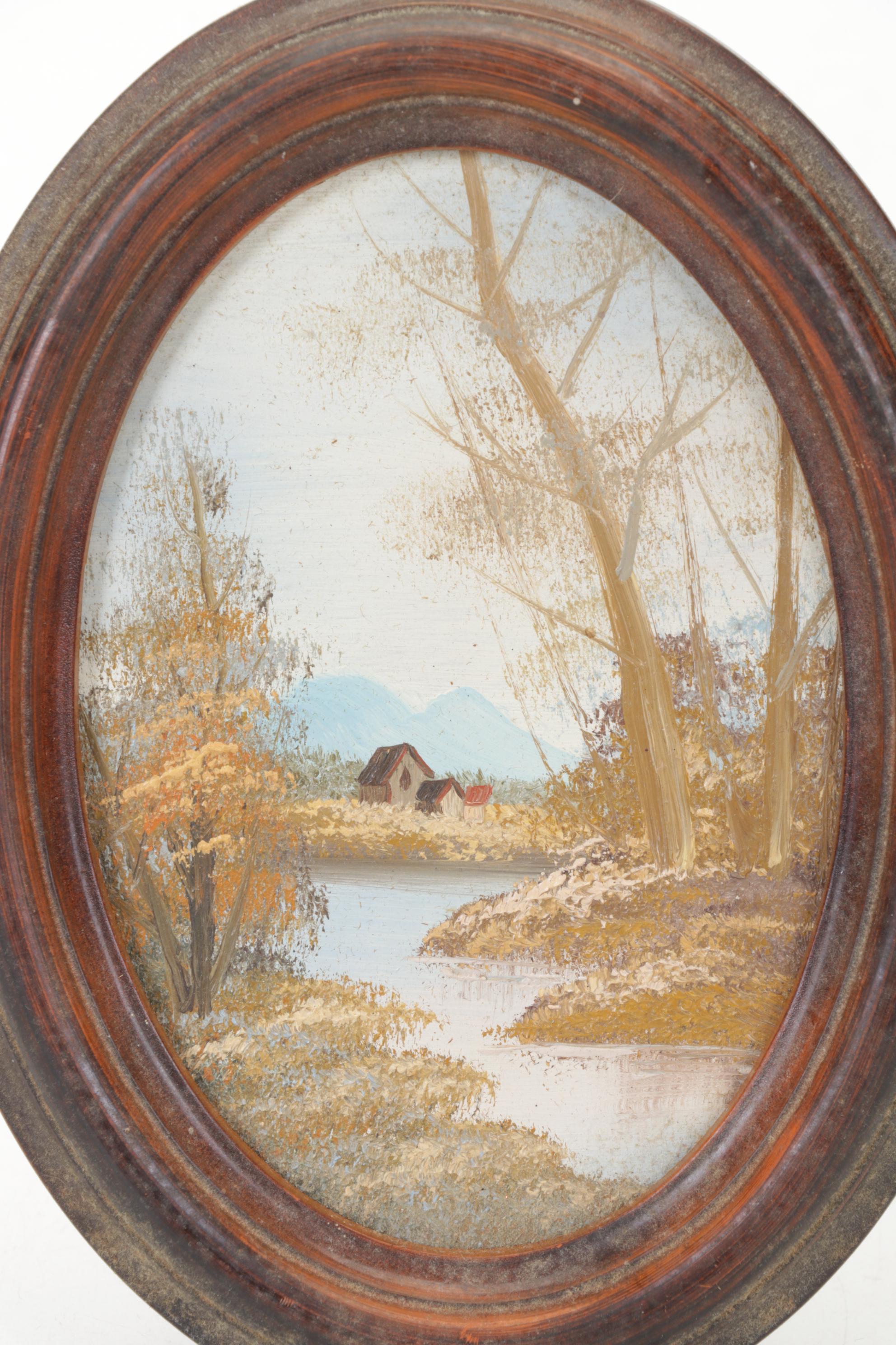 Wm. L. Gilbert Clock, Six-Panel Bent Slag Glass and Spelter Lamp, Oval Painting