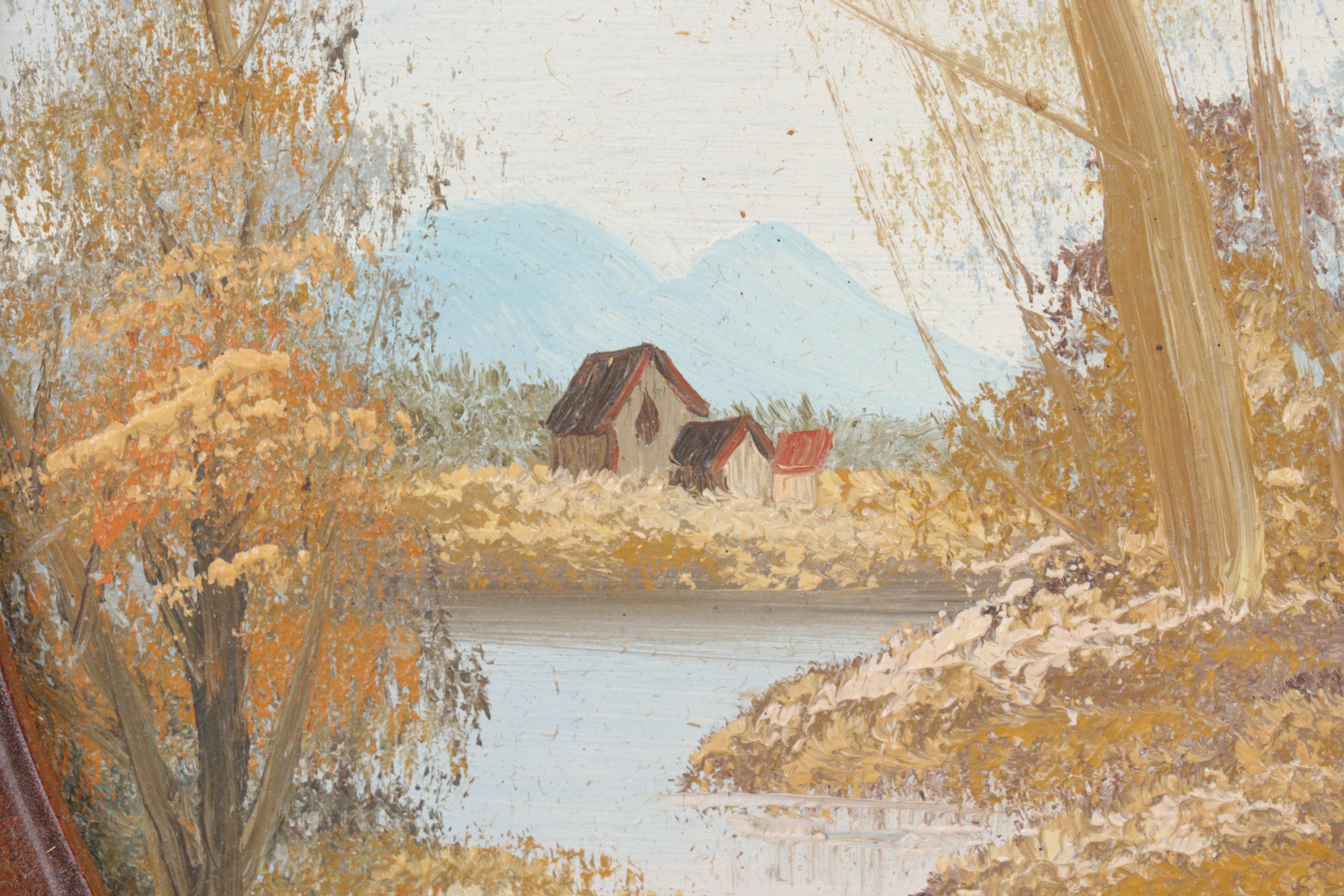 Wm. L. Gilbert Clock, Six-Panel Bent Slag Glass and Spelter Lamp, Oval Painting