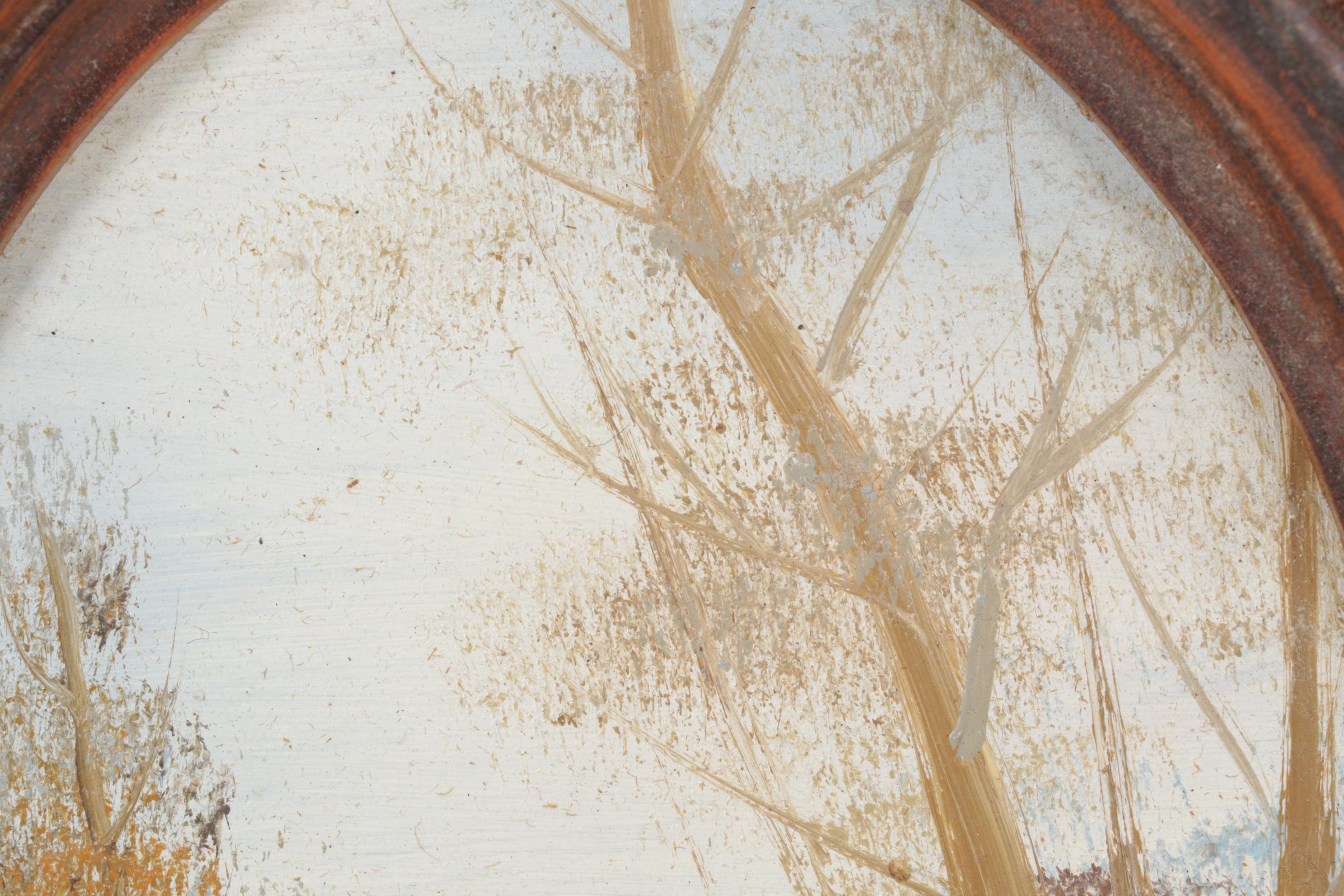 Wm. L. Gilbert Clock, Six-Panel Bent Slag Glass and Spelter Lamp, Oval Painting