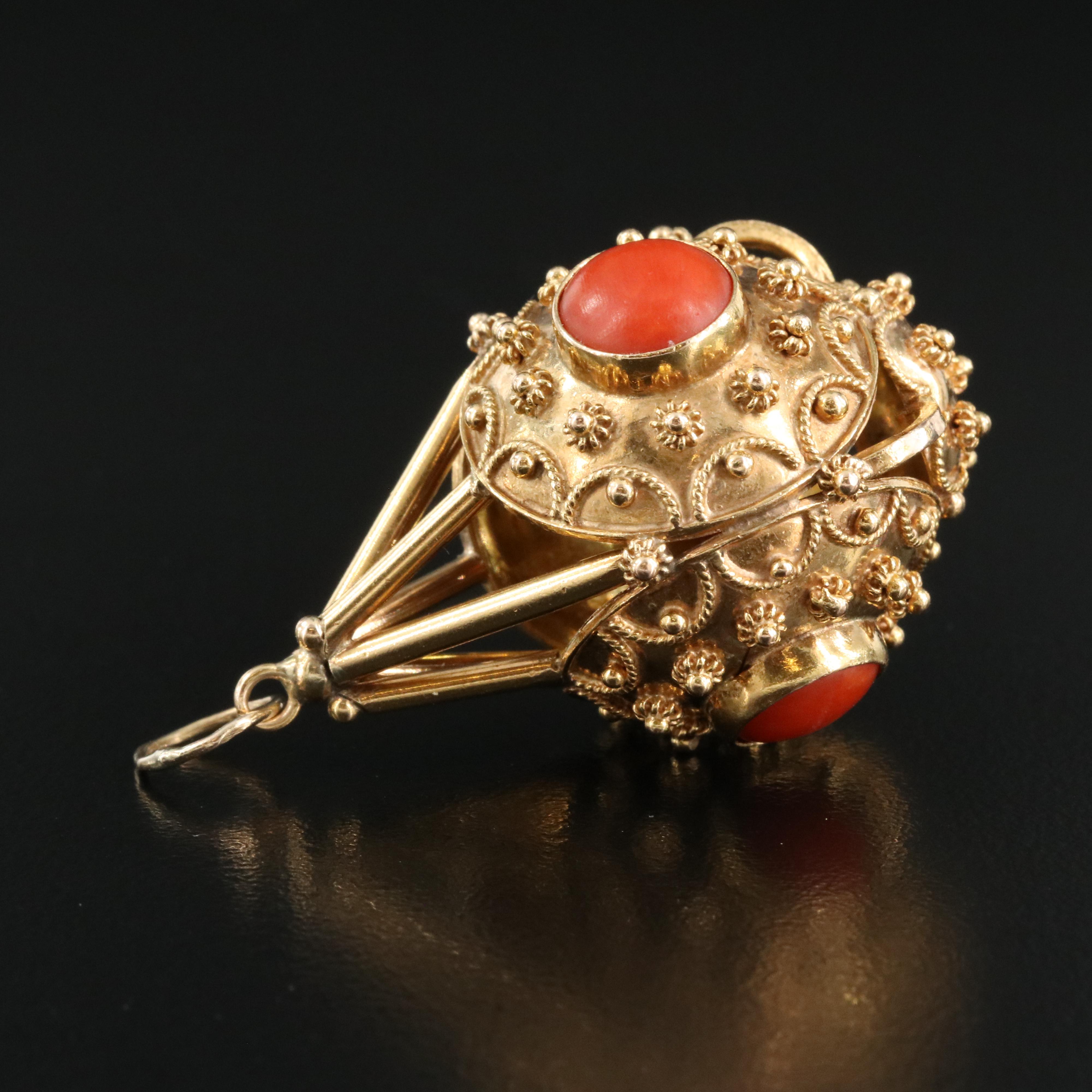 14K Coral Cannetille Pendant