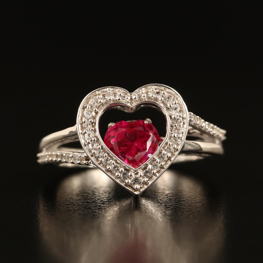 Sterling Ruby and White Sapphire Shimmer Stone Heart Ring