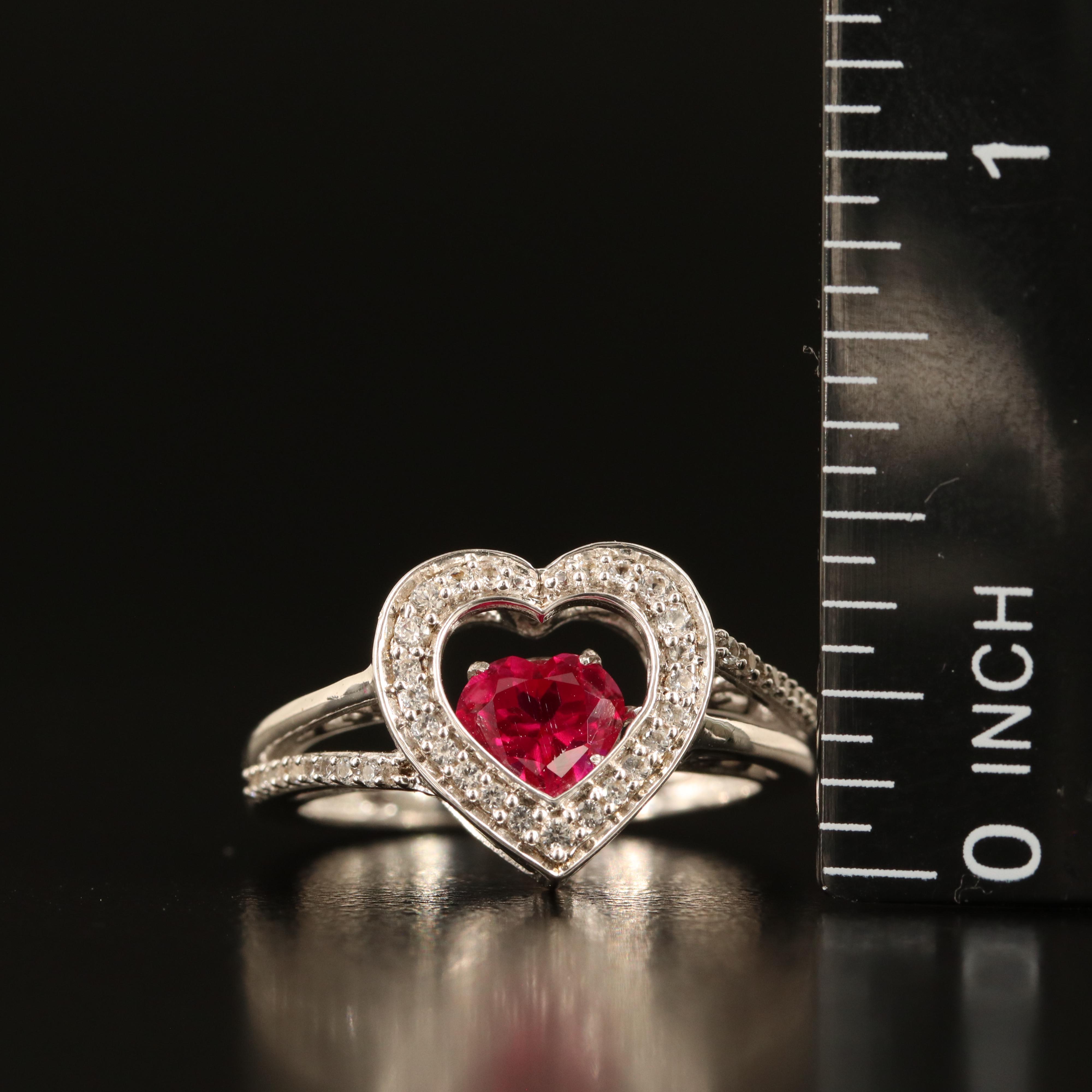 Sterling Ruby and White Sapphire Shimmer Stone Heart Ring