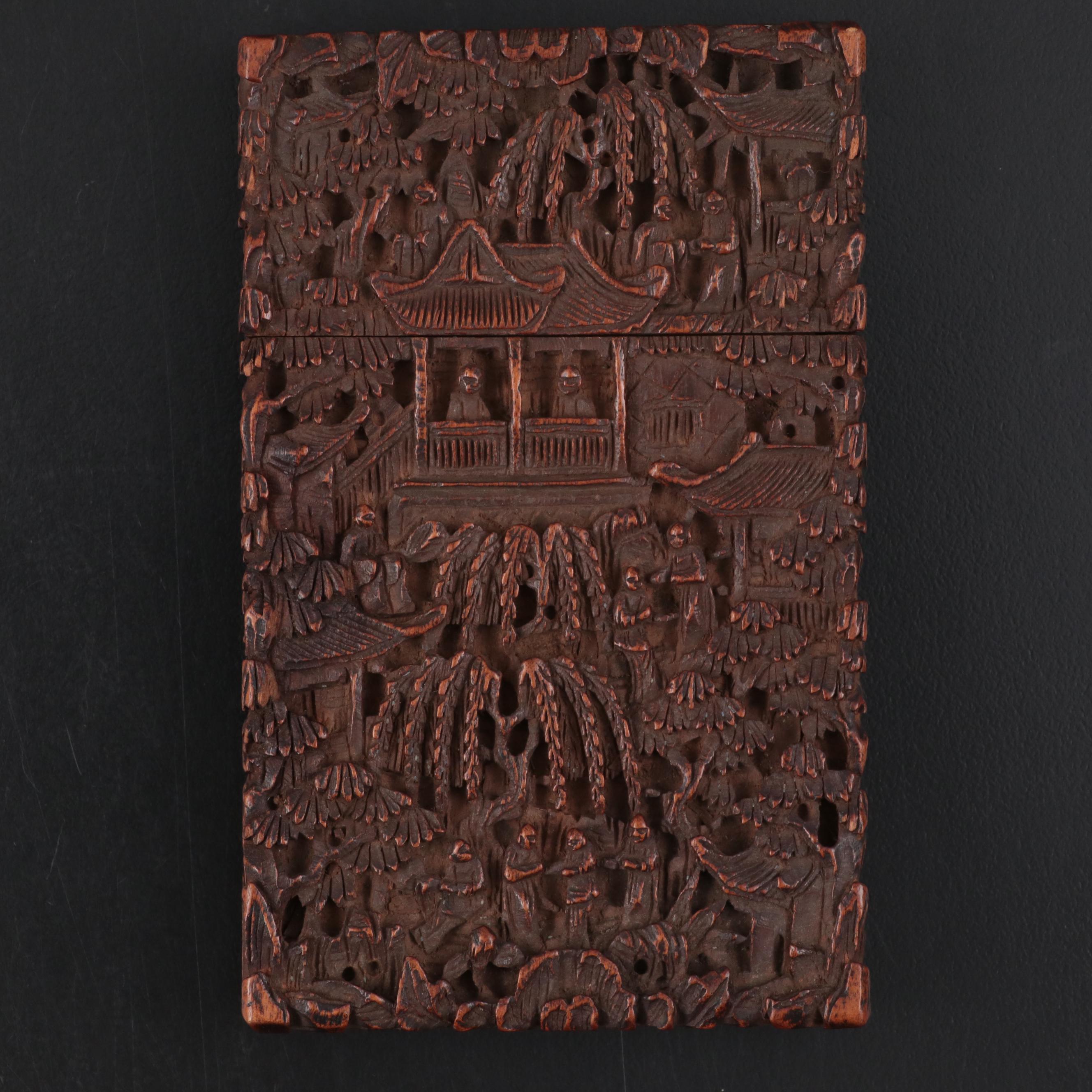 Chinese Carved Wood Card Case, 19th Century