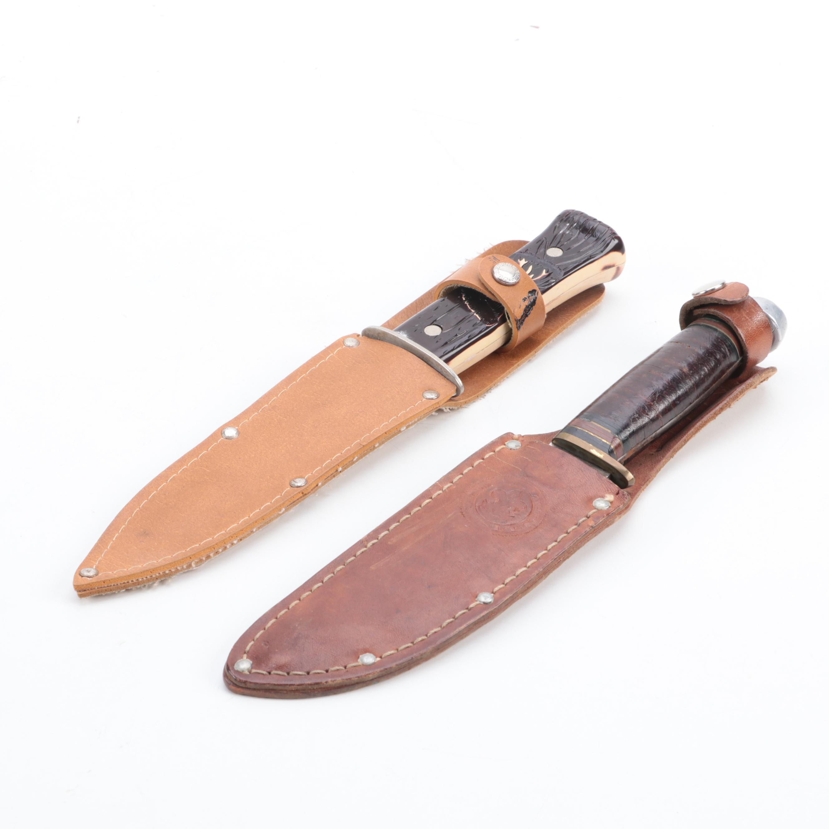 Boy Scouts of America and Colonial Fixed Blade Knives with Leather Scabbards