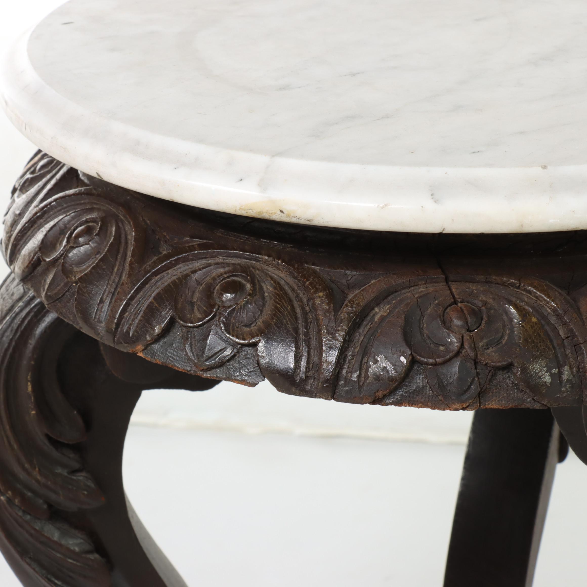 Baroque Style Marble Top Carved Wooden Side Table