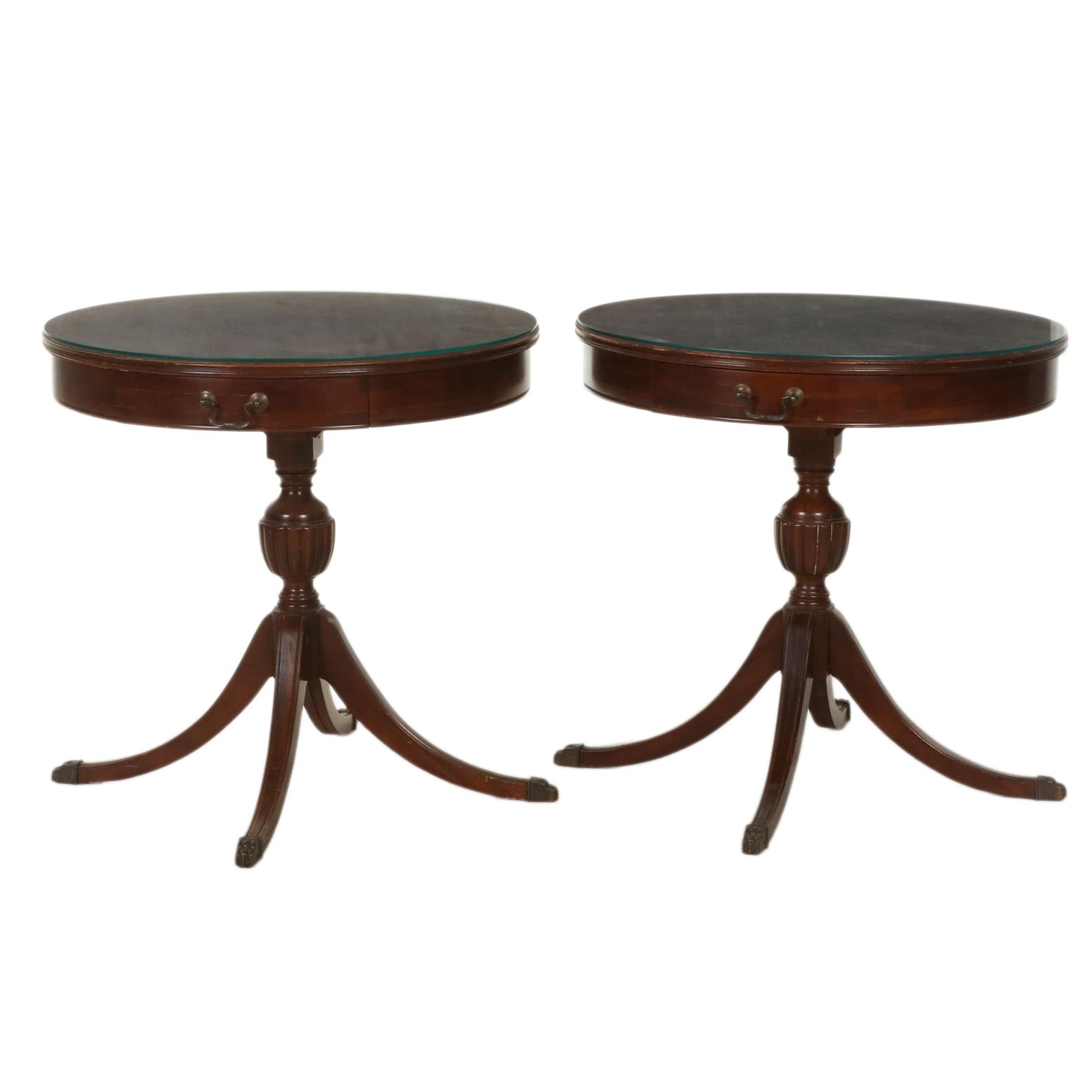 Pair of Regency Style Mahogany Drum Tables with Glass Tops, Mid to Late 20th C