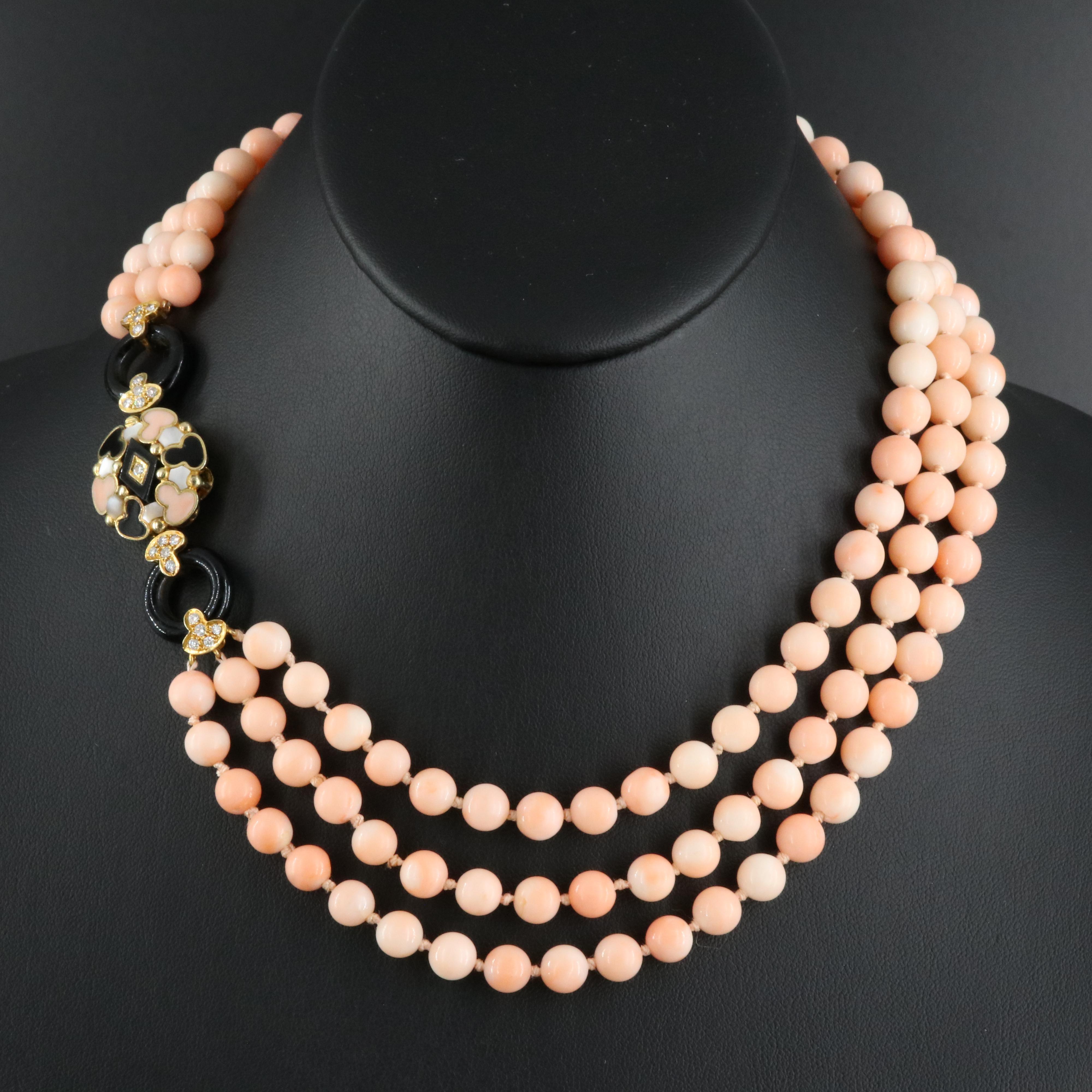 18K Coral, Diamond, Black Onyx and Mother-of-Pearl Necklace