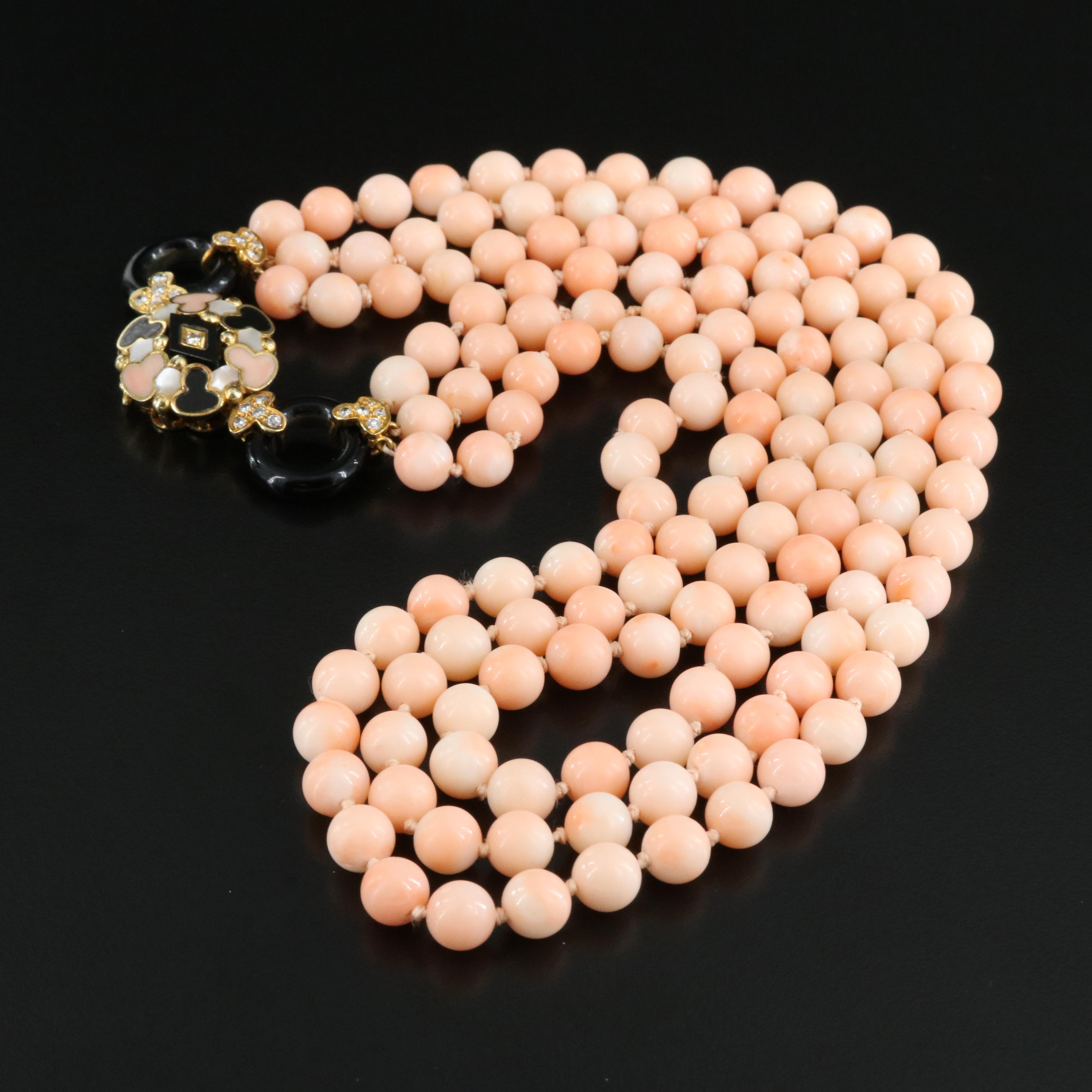 18K Coral, Diamond, Black Onyx and Mother-of-Pearl Necklace