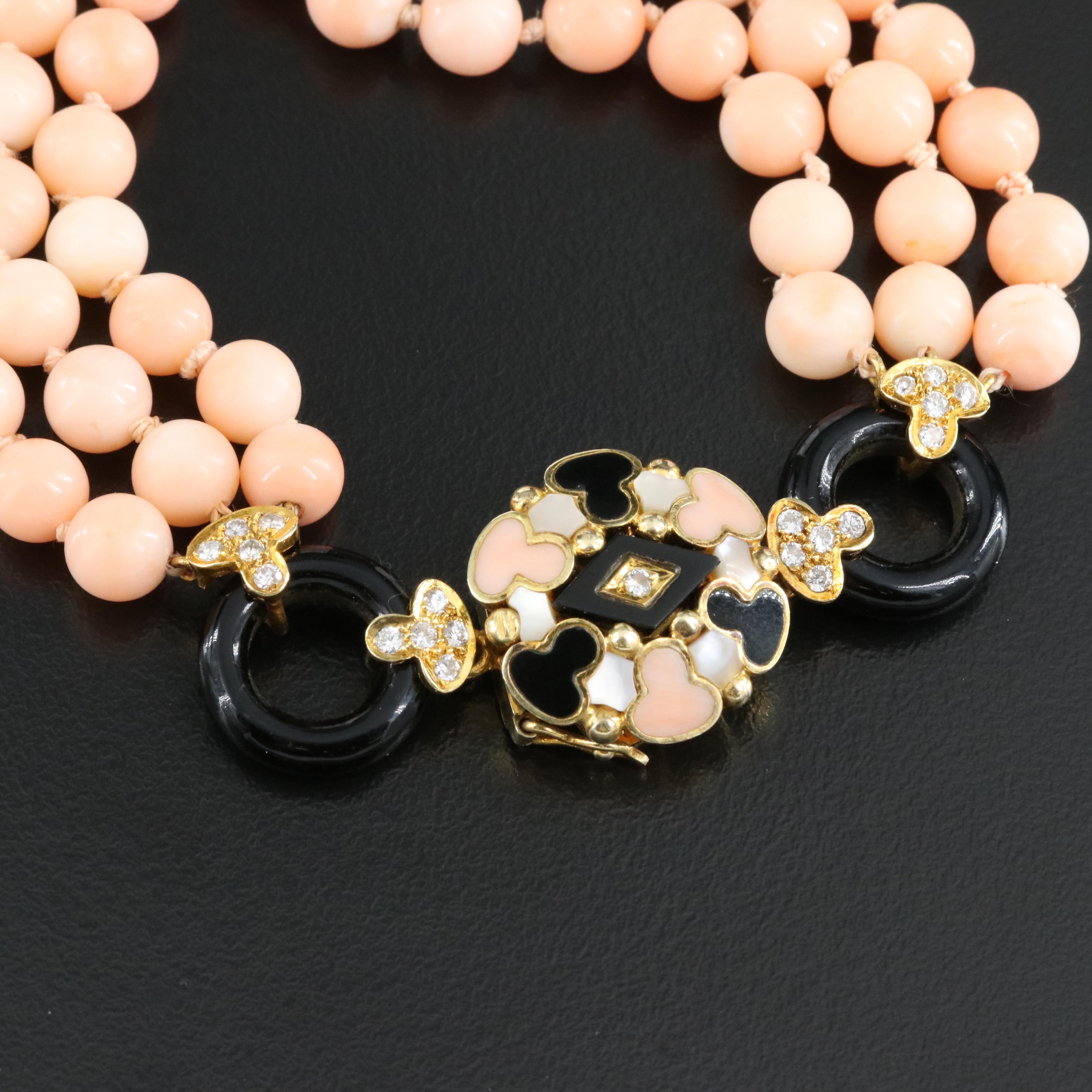 18K Coral, Diamond, Black Onyx and Mother-of-Pearl Necklace