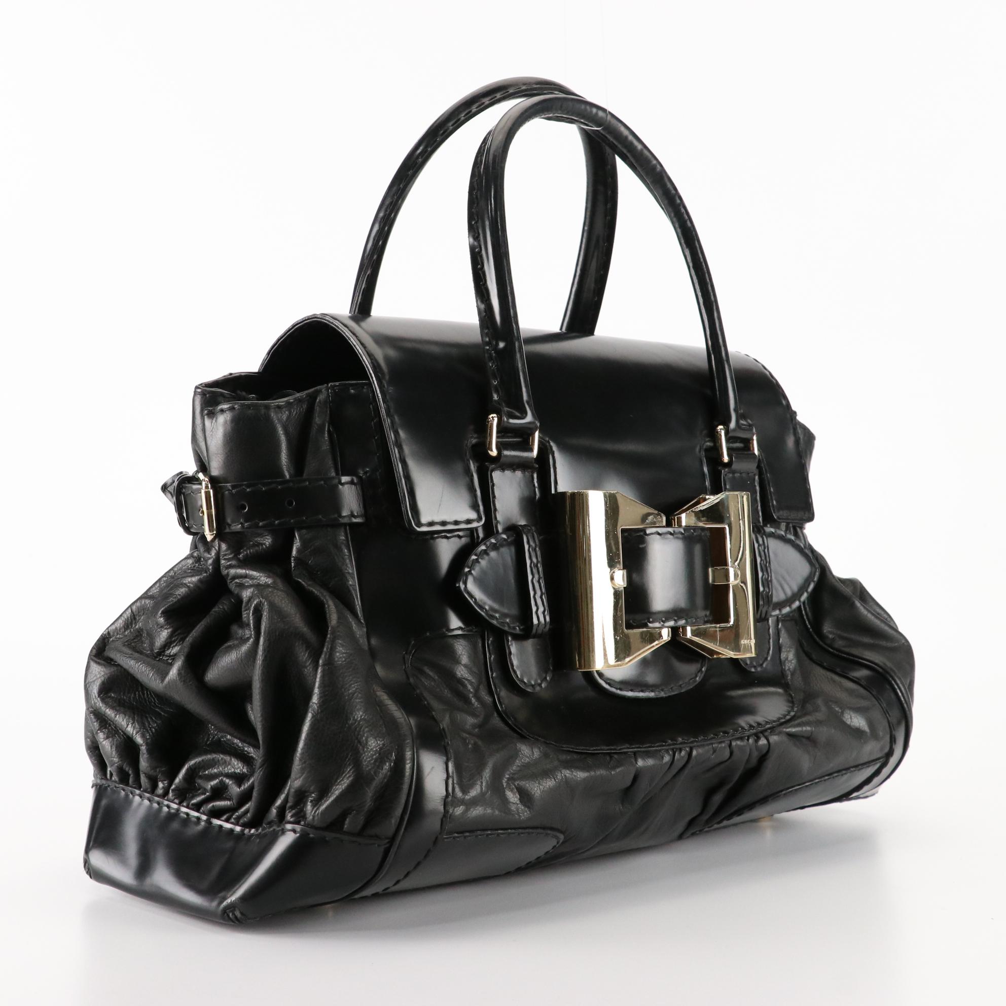 Gucci Queen Large Bow Buckle Satchel in Black Leather