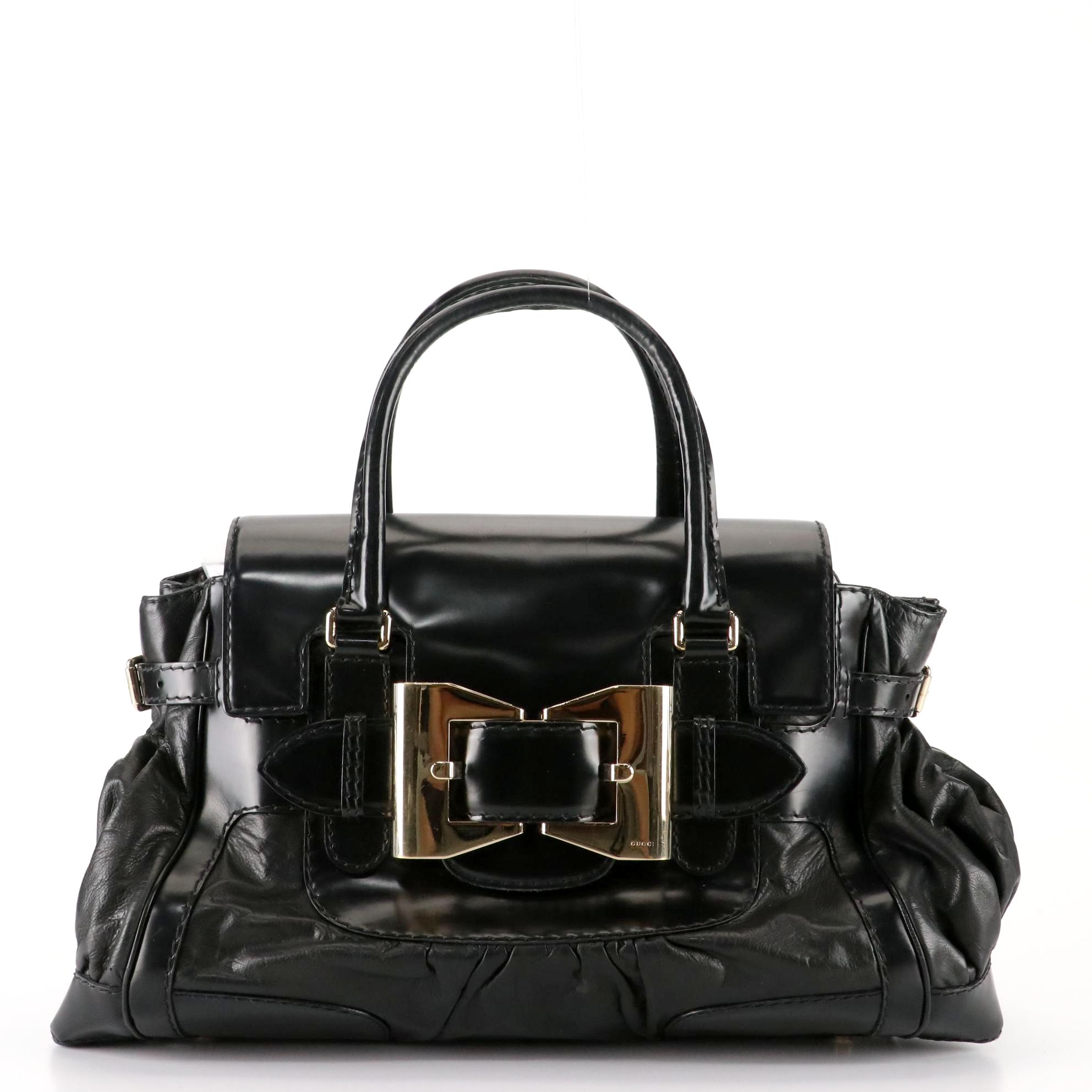 Gucci Queen Large Bow Buckle Satchel in Black Leather