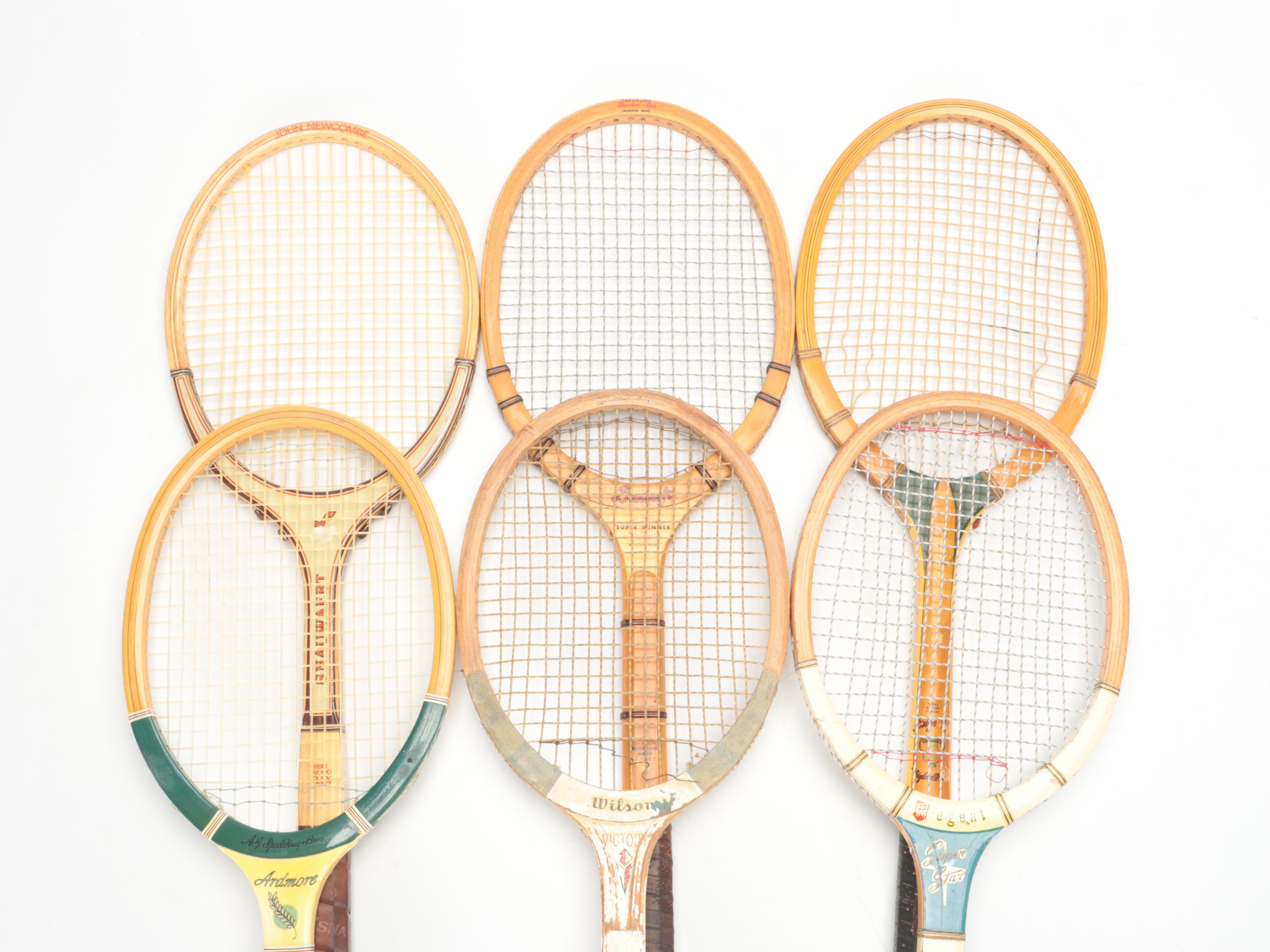 Signed Wood Tennis Rackets with More Wooden Rackets and Case Frames