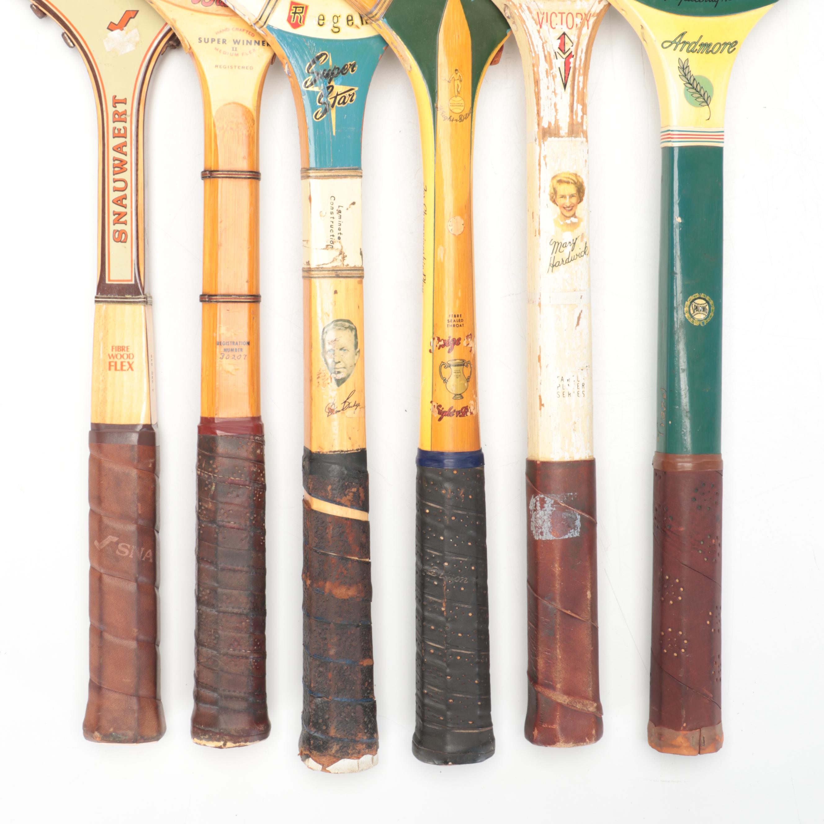 Signed Wood Tennis Rackets with More Wooden Rackets and Case Frames