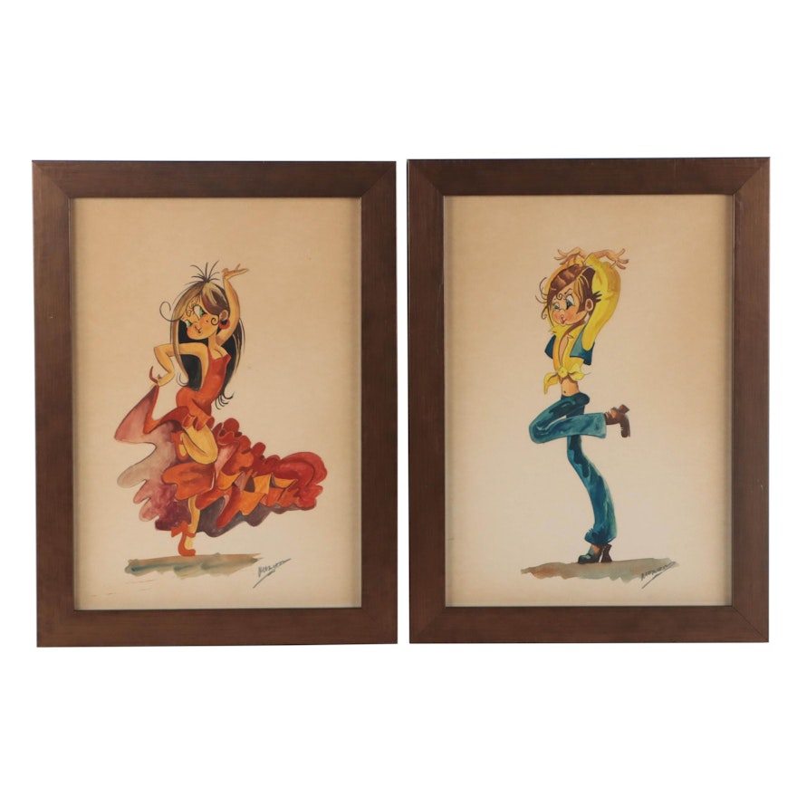 Ink and Watercolor Caricature Drawings of Dancers