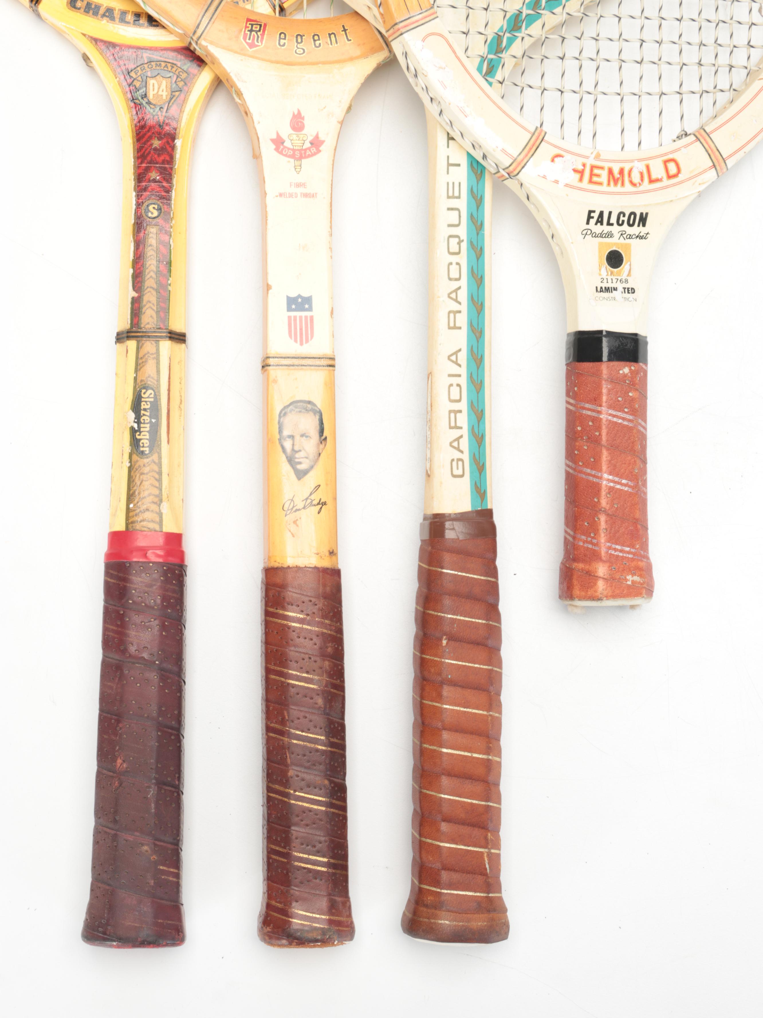 Signed Wood Tennis Rackets with More Wooden Rackets and Case Frames