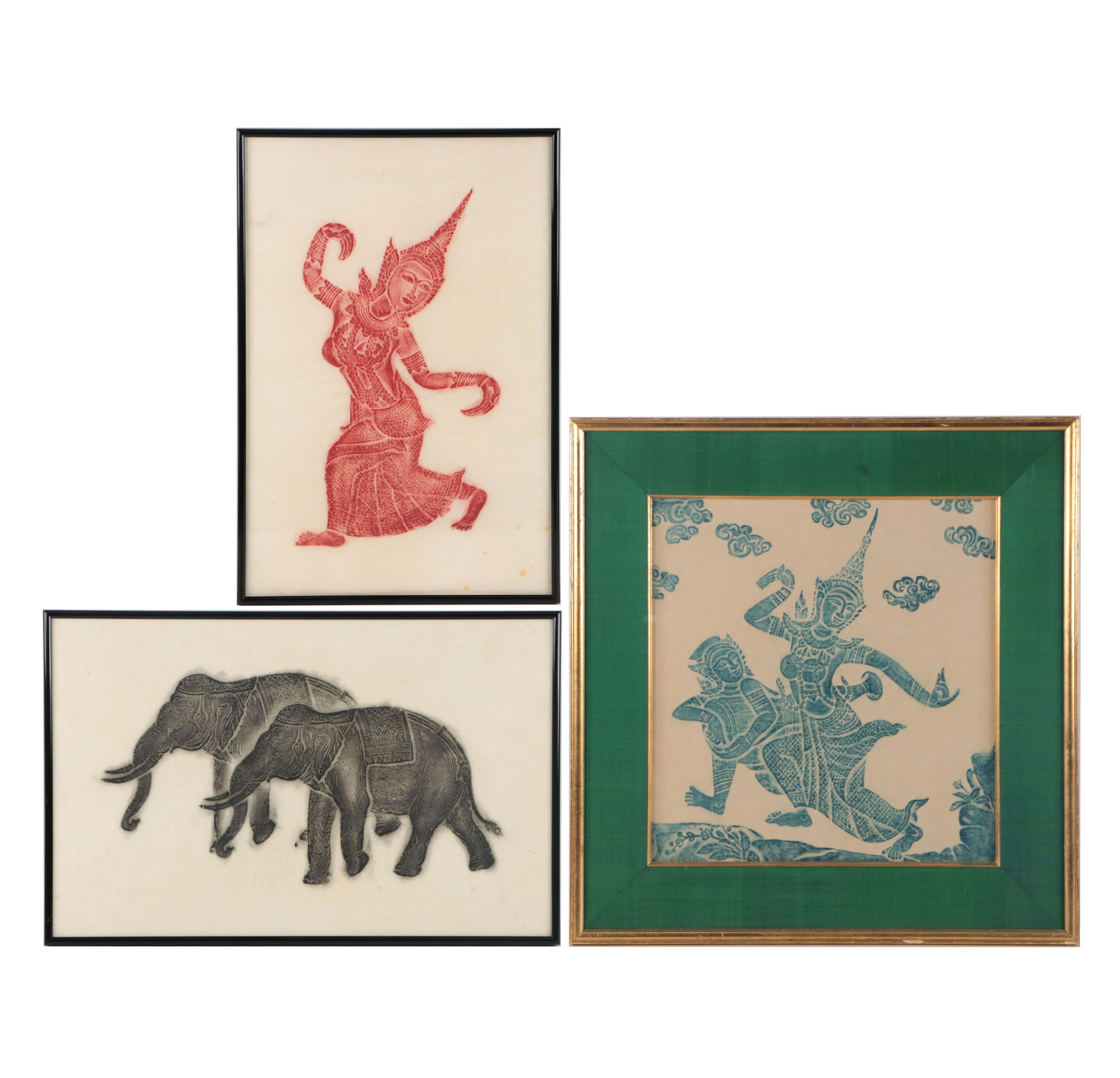 Thai Temple Rubbings of Deities and Elephants