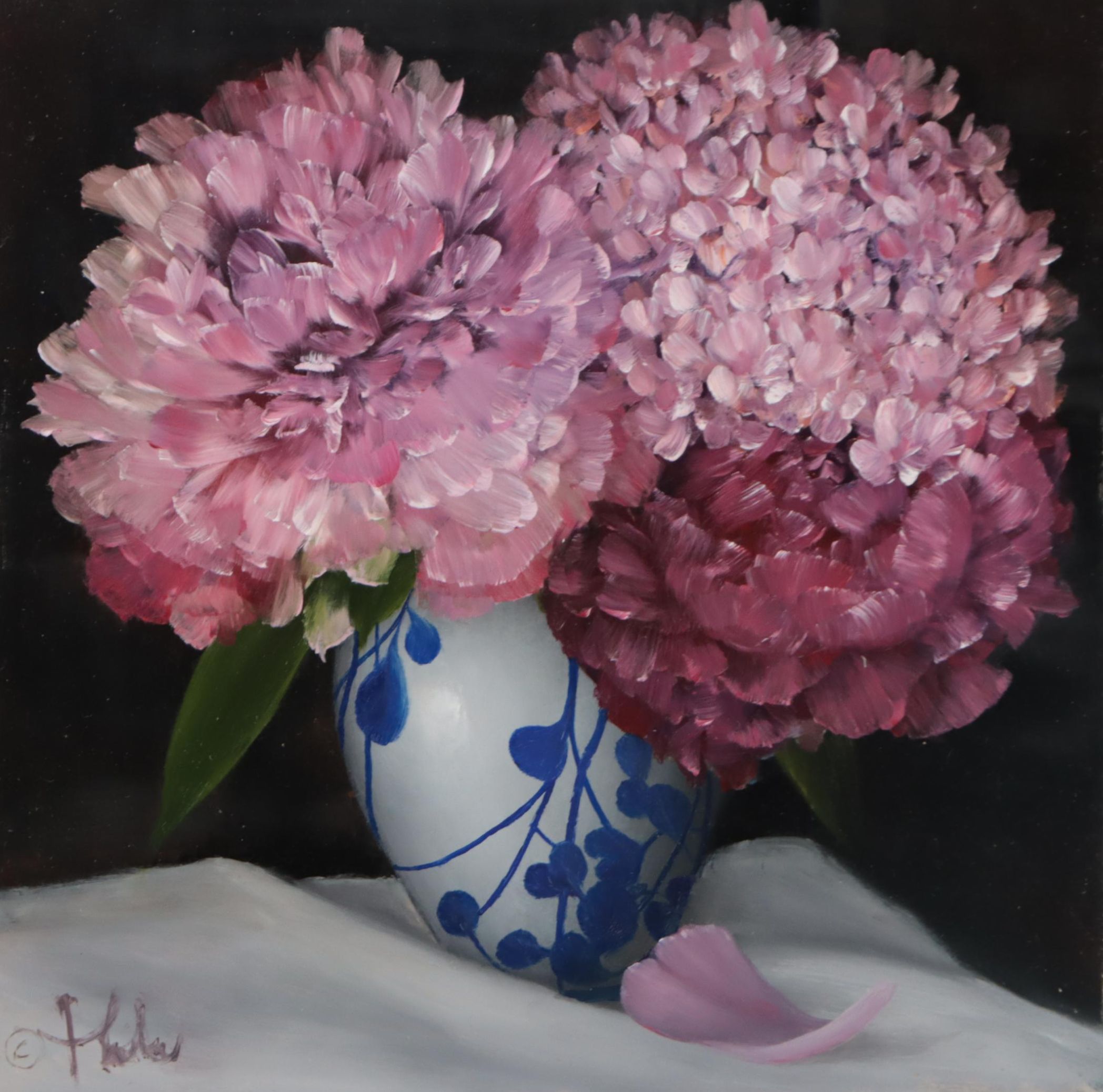 Thu-Thuy Tran Oil Painting "Pink Peonies and Hydrangeas," 2023