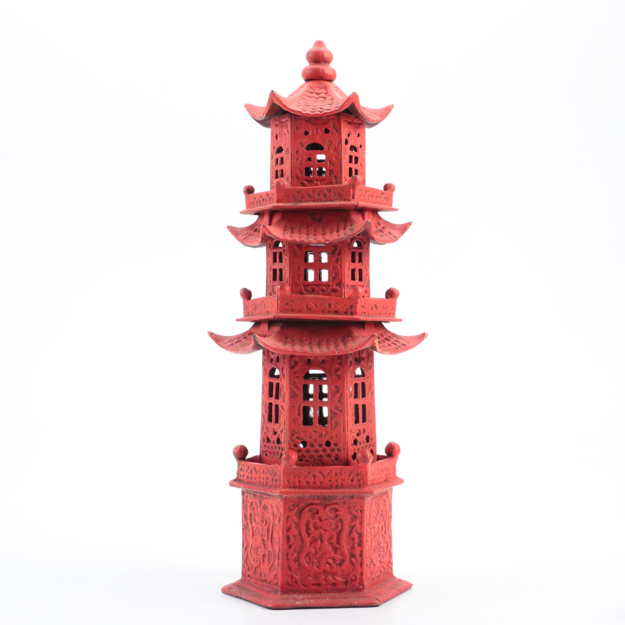 Japanese Carved Wooden Pagoda Lantern with Shiwan Ware and Dragon Figurines