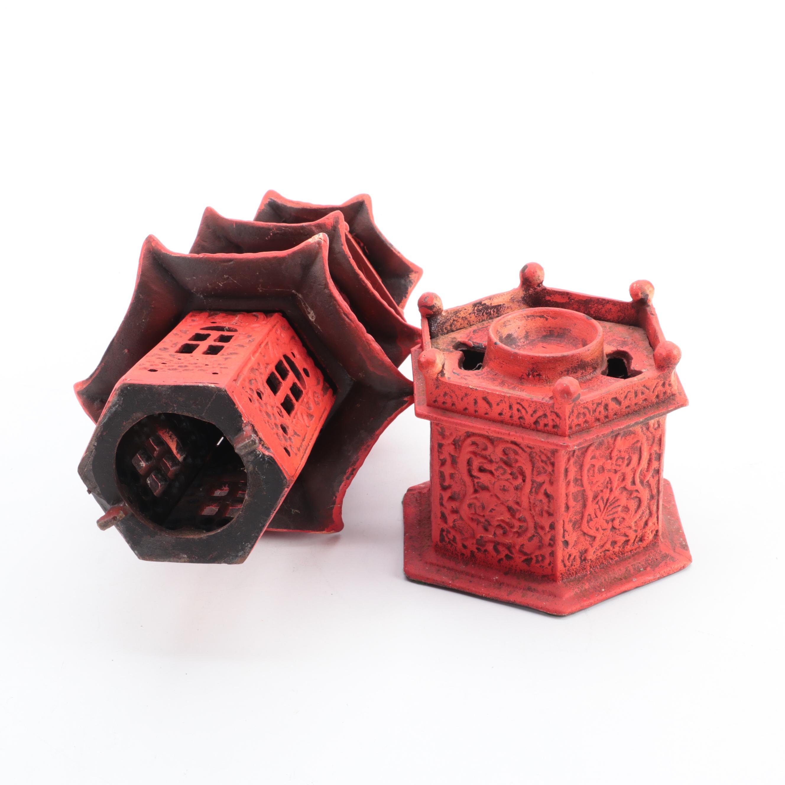 Japanese Carved Wooden Pagoda Lantern with Shiwan Ware and Dragon Figurines