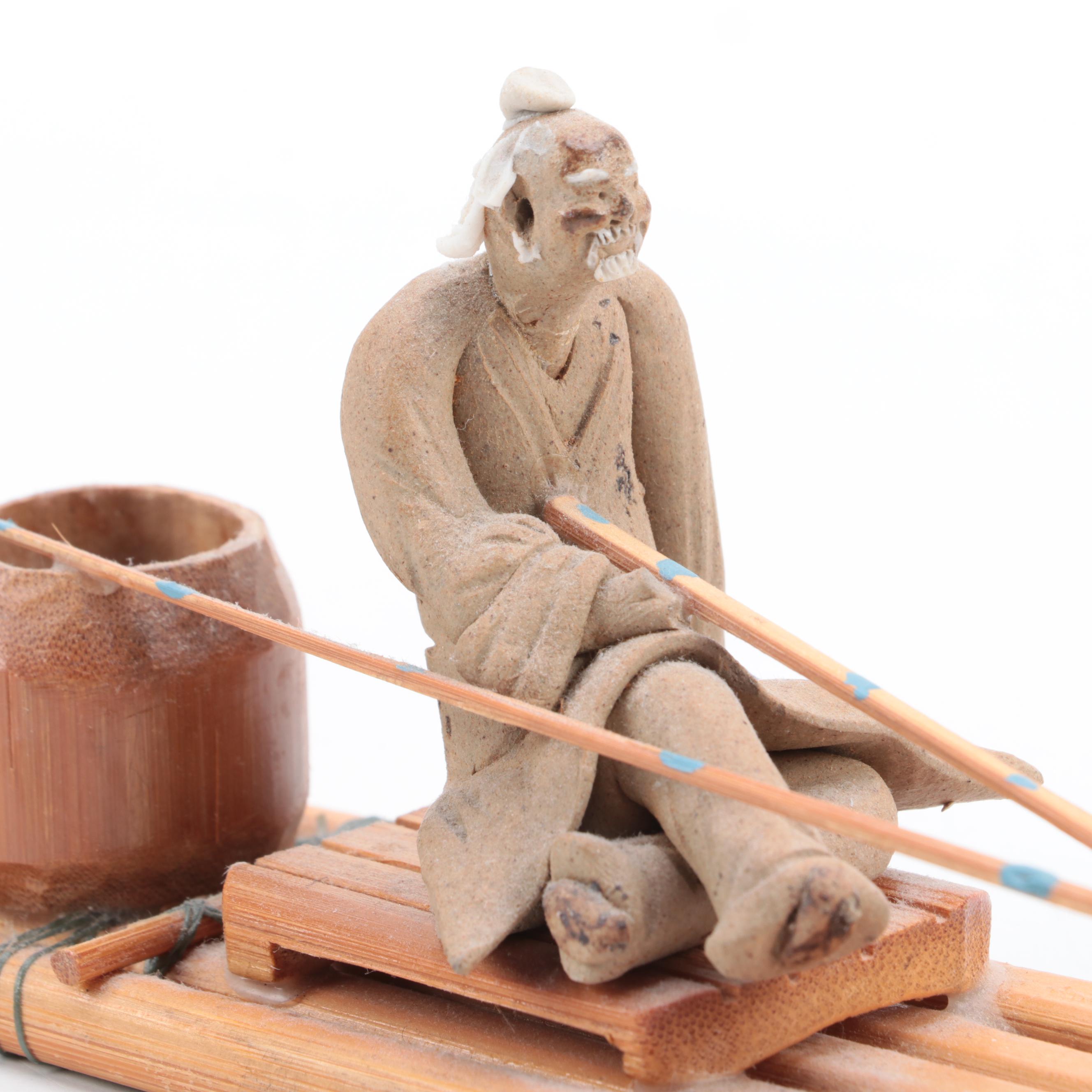 Japanese Carved Wooden Pagoda Lantern with Shiwan Ware and Dragon Figurines