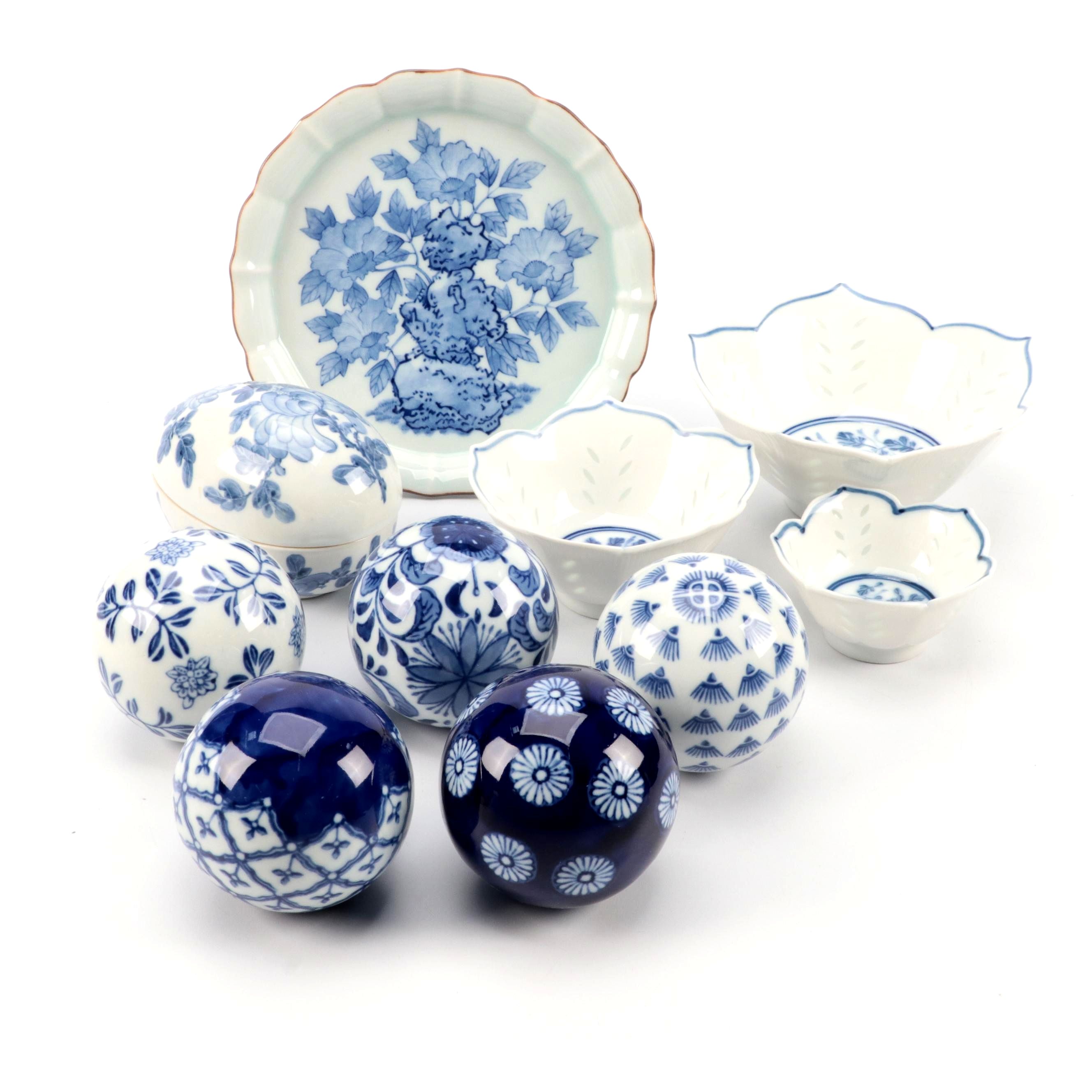 Chinese Blue and White Rice Grain Porcelain Dinner Bowls and Other Decor