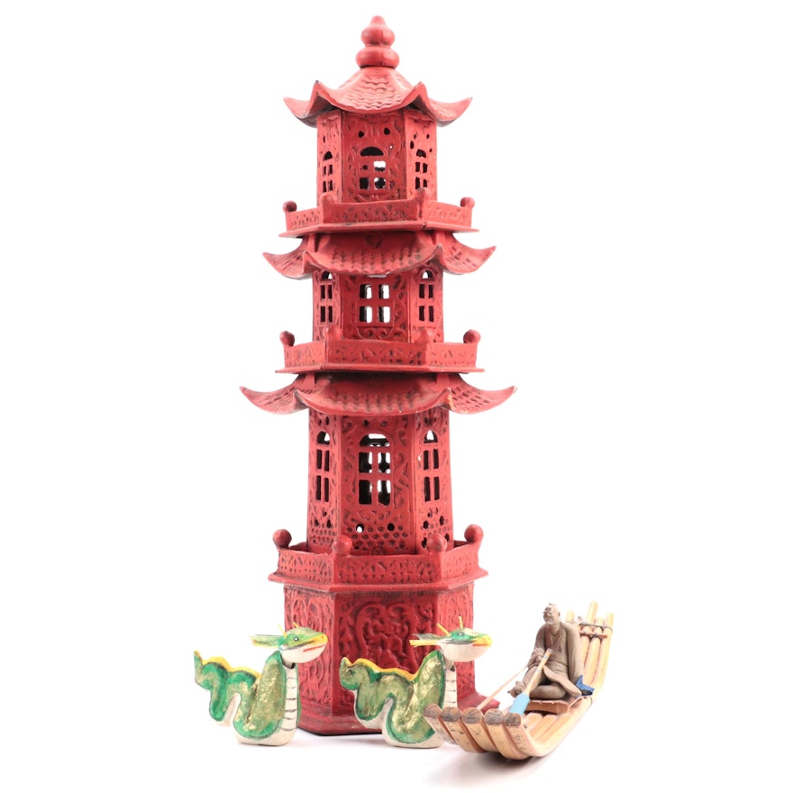 Japanese Carved Wooden Pagoda Lantern with Shiwan Ware and Dragon Figurines