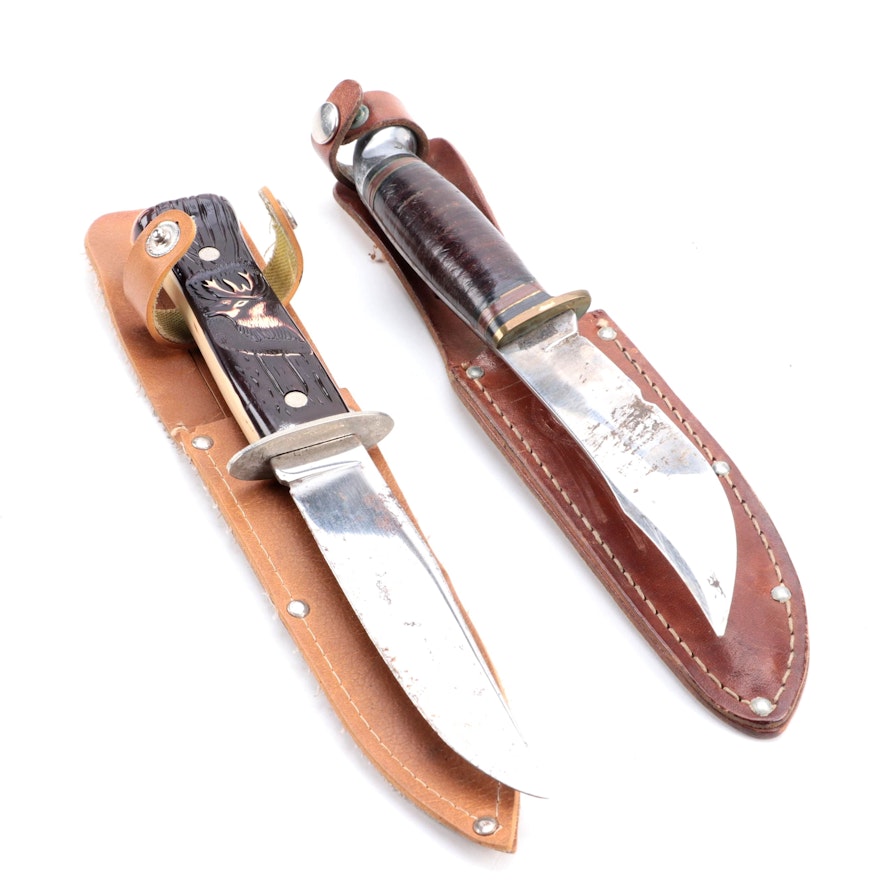 Boy Scouts of America and Colonial Fixed Blade Knives with Leather Scabbards
