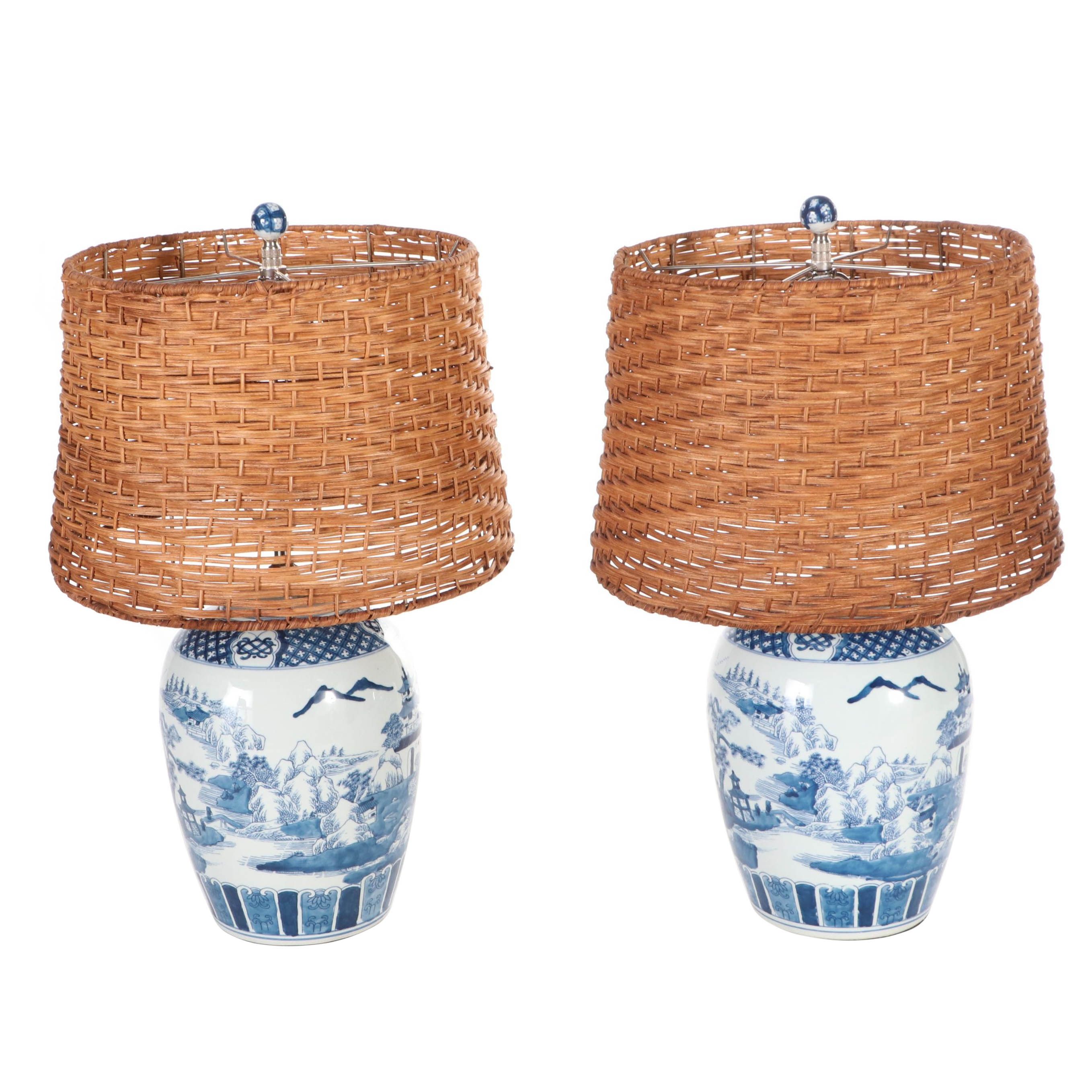 Frontgate Ming Style Blue and White Porcelain Table Lamps