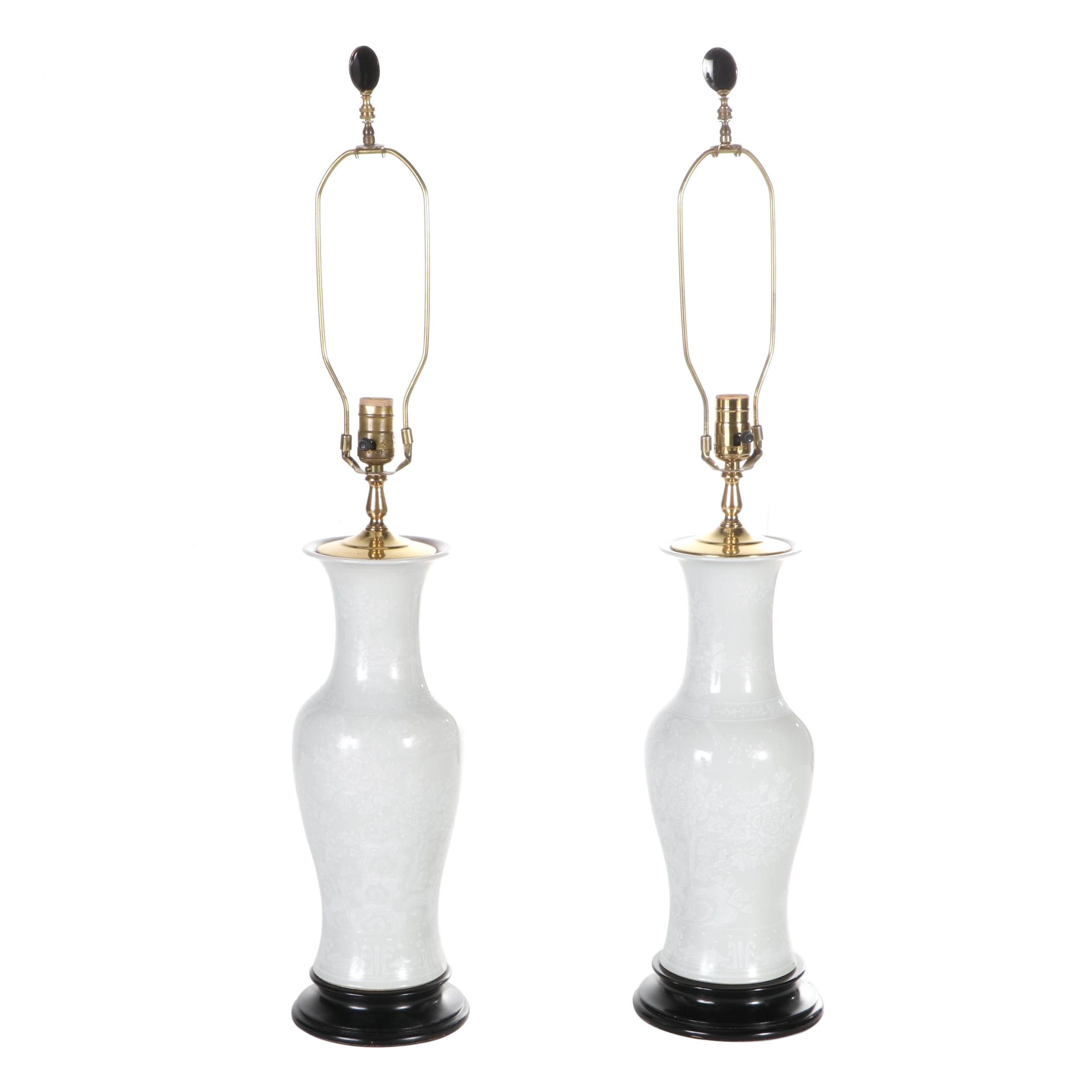 Chinese Blanc de Chine Porcelain Phoenix Tail Vase Lamps