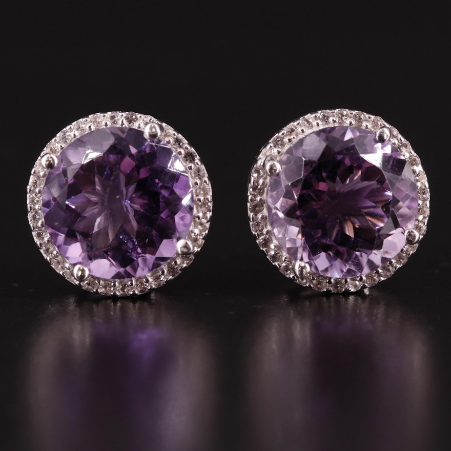 Sterling Amethyst and White Topaz Button Earrings