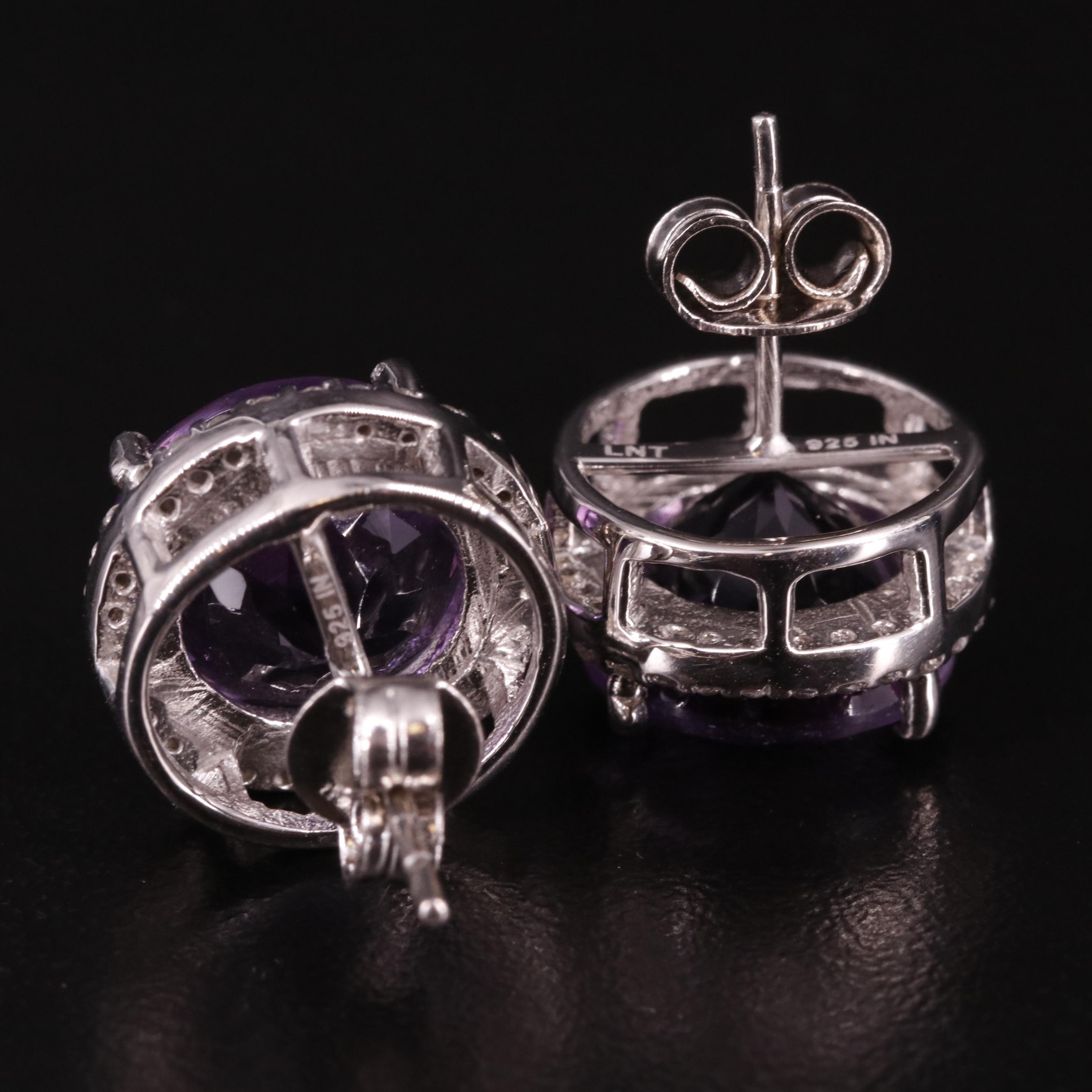Sterling Amethyst and White Topaz Button Earrings