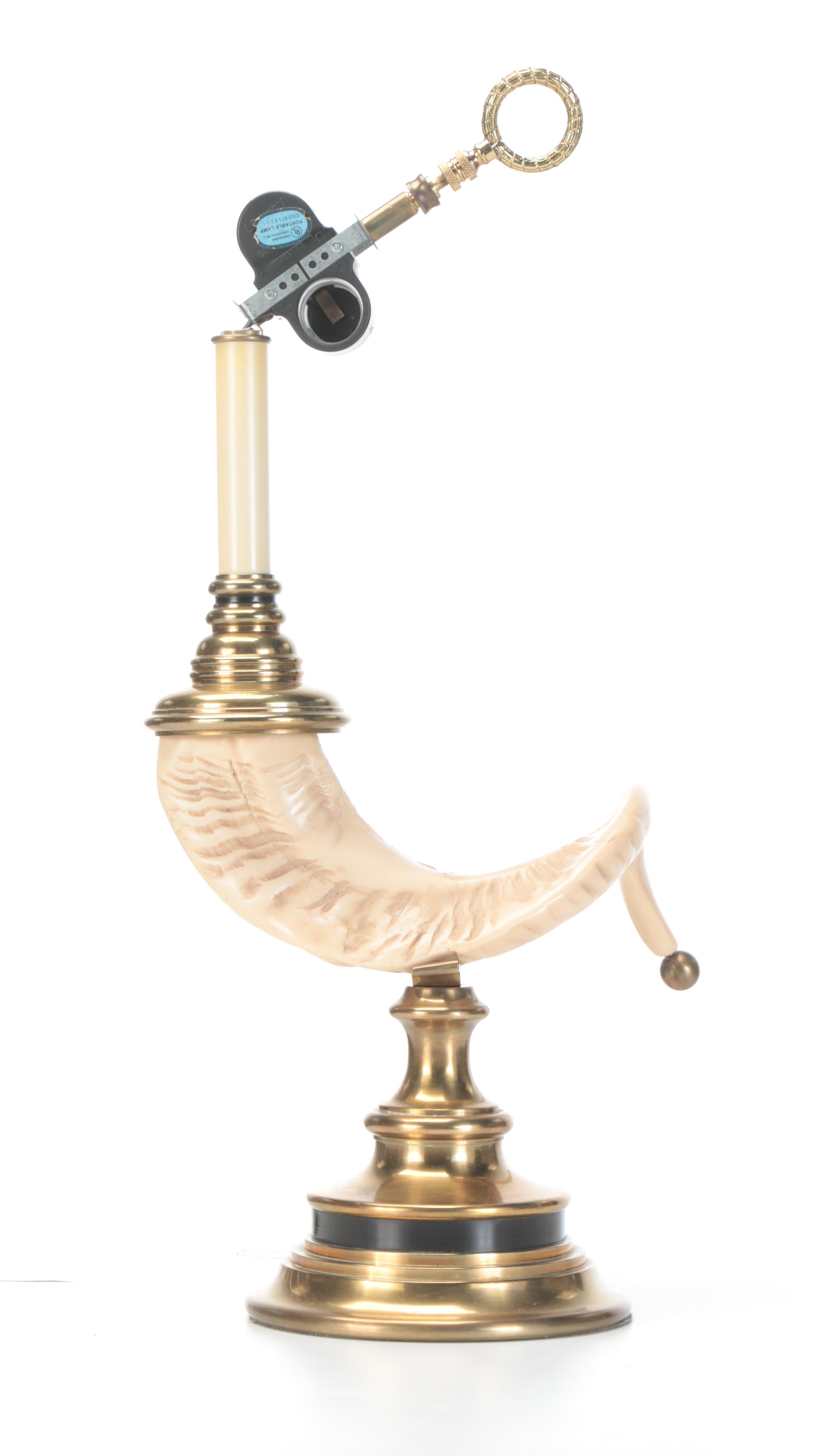 Brass and Faux Ram's Horn Table Lamp, Mid-20th Century