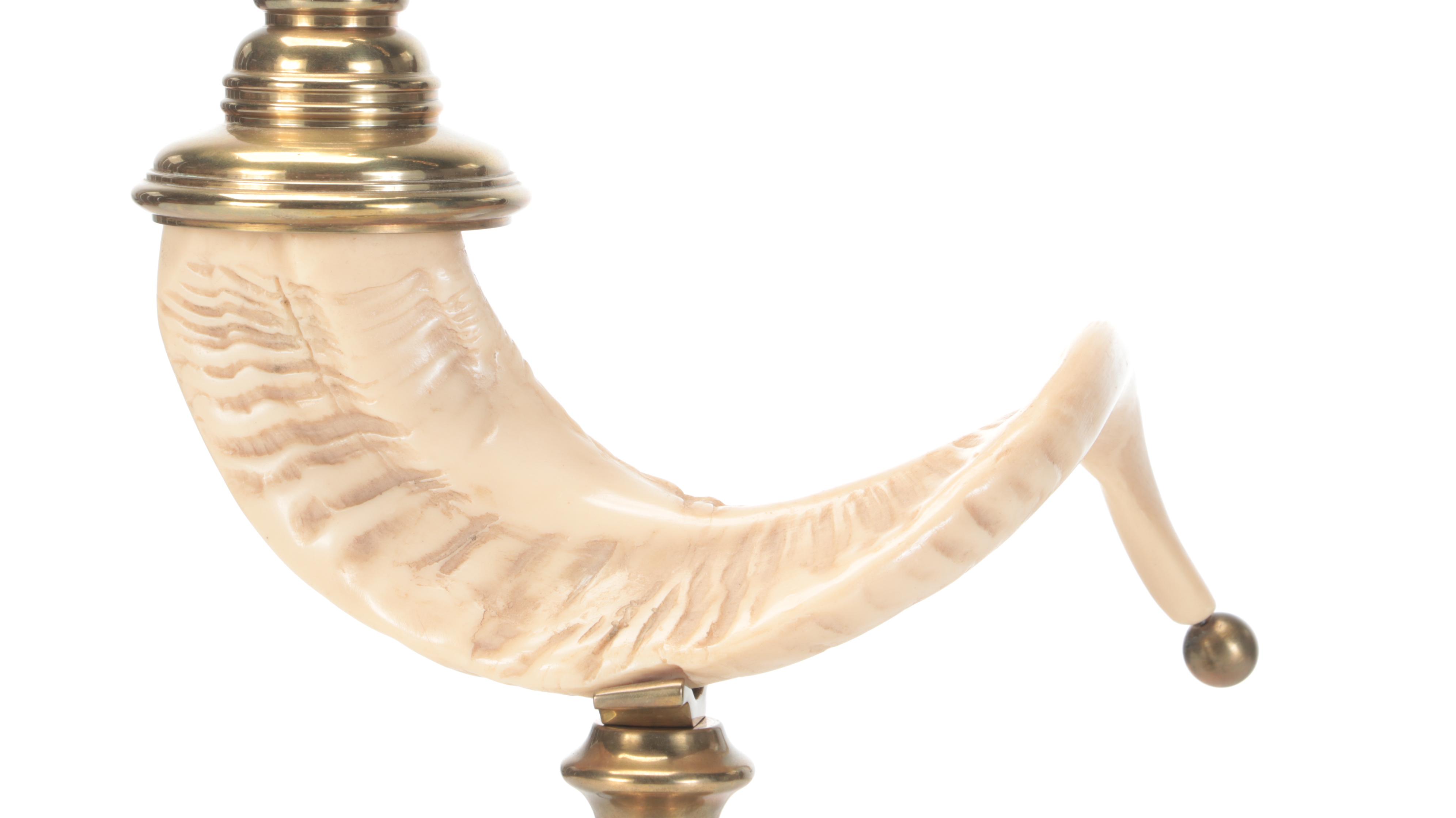 Brass and Faux Ram's Horn Table Lamp, Mid-20th Century