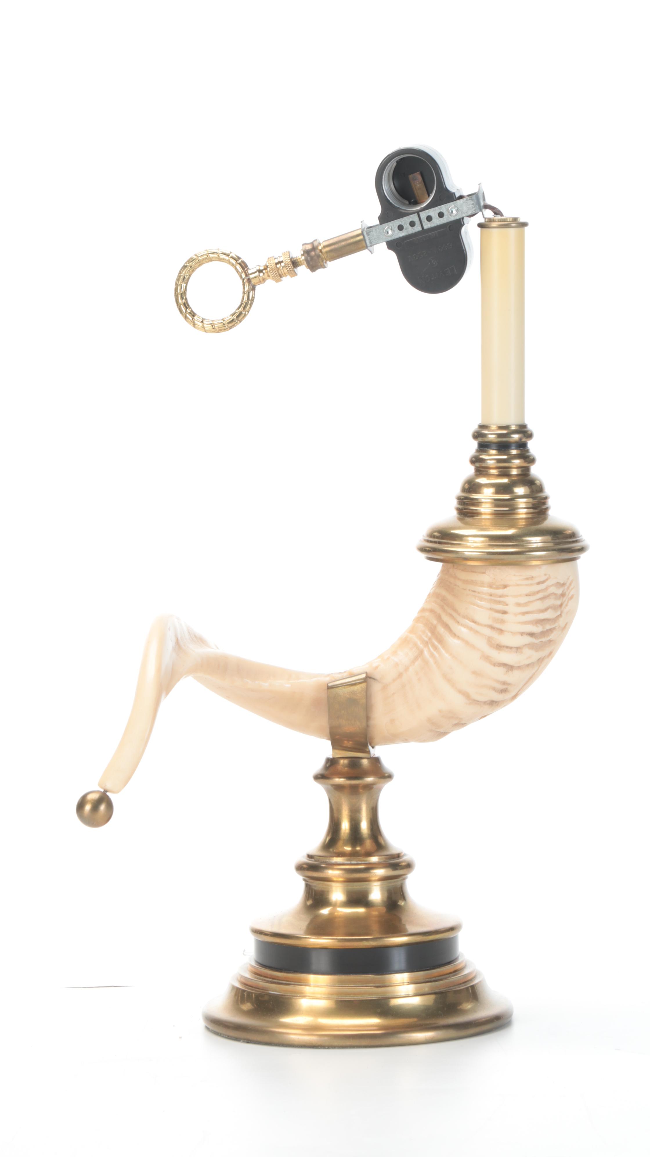 Brass and Faux Ram's Horn Table Lamp, Mid-20th Century