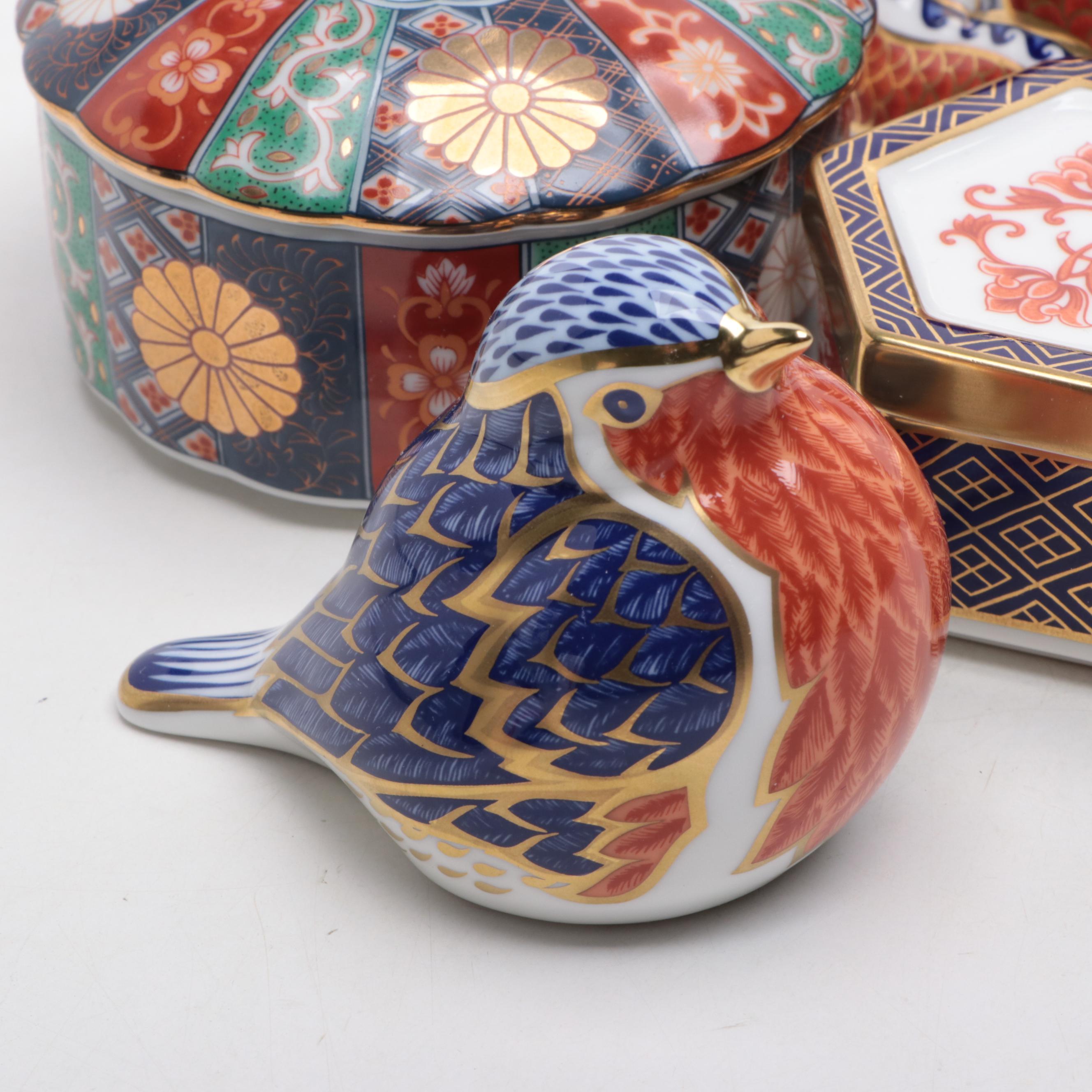 Royal Crown Derby Imari Style Boxes with Bird and Other Dragon Figurine