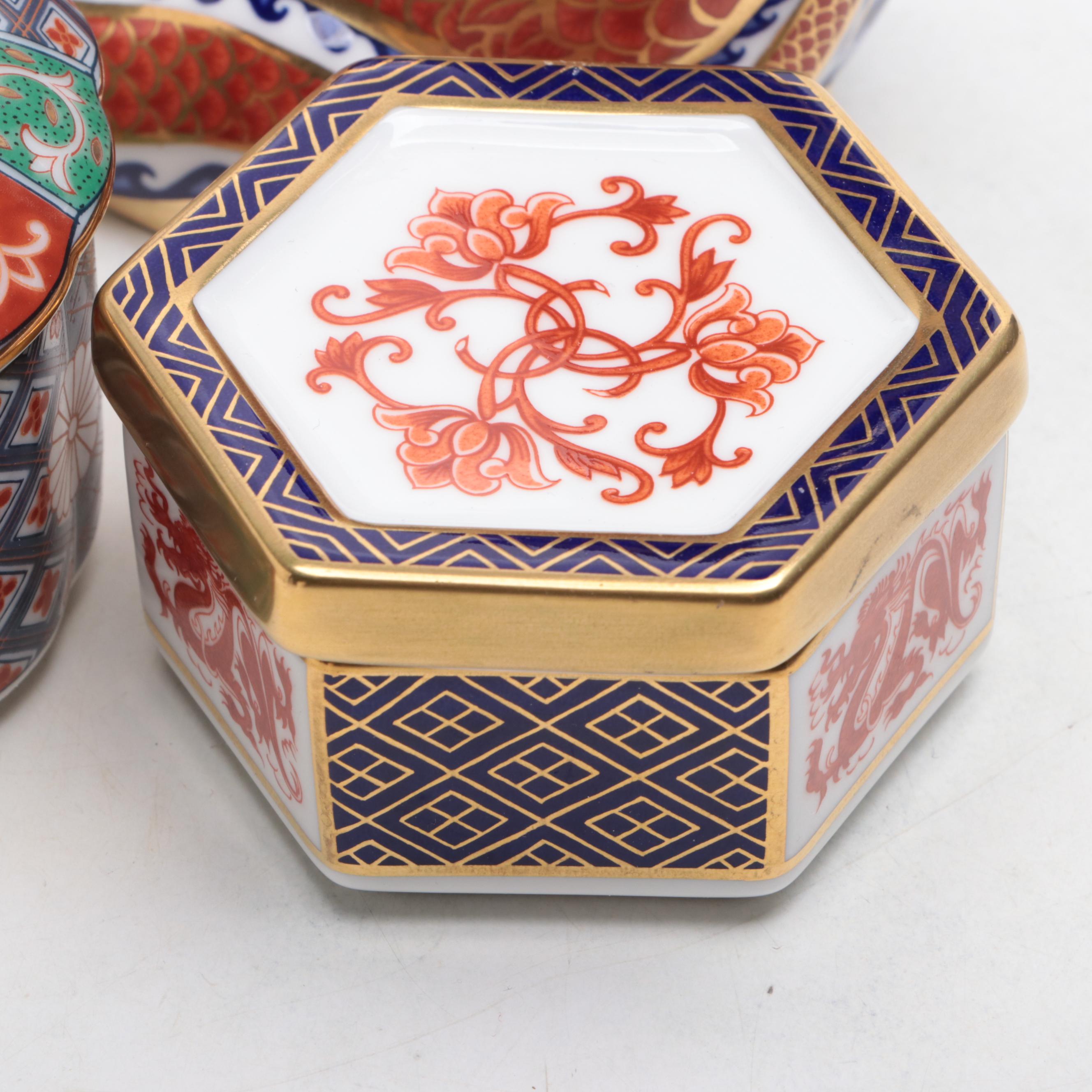 Royal Crown Derby Imari Style Boxes with Bird and Other Dragon Figurine