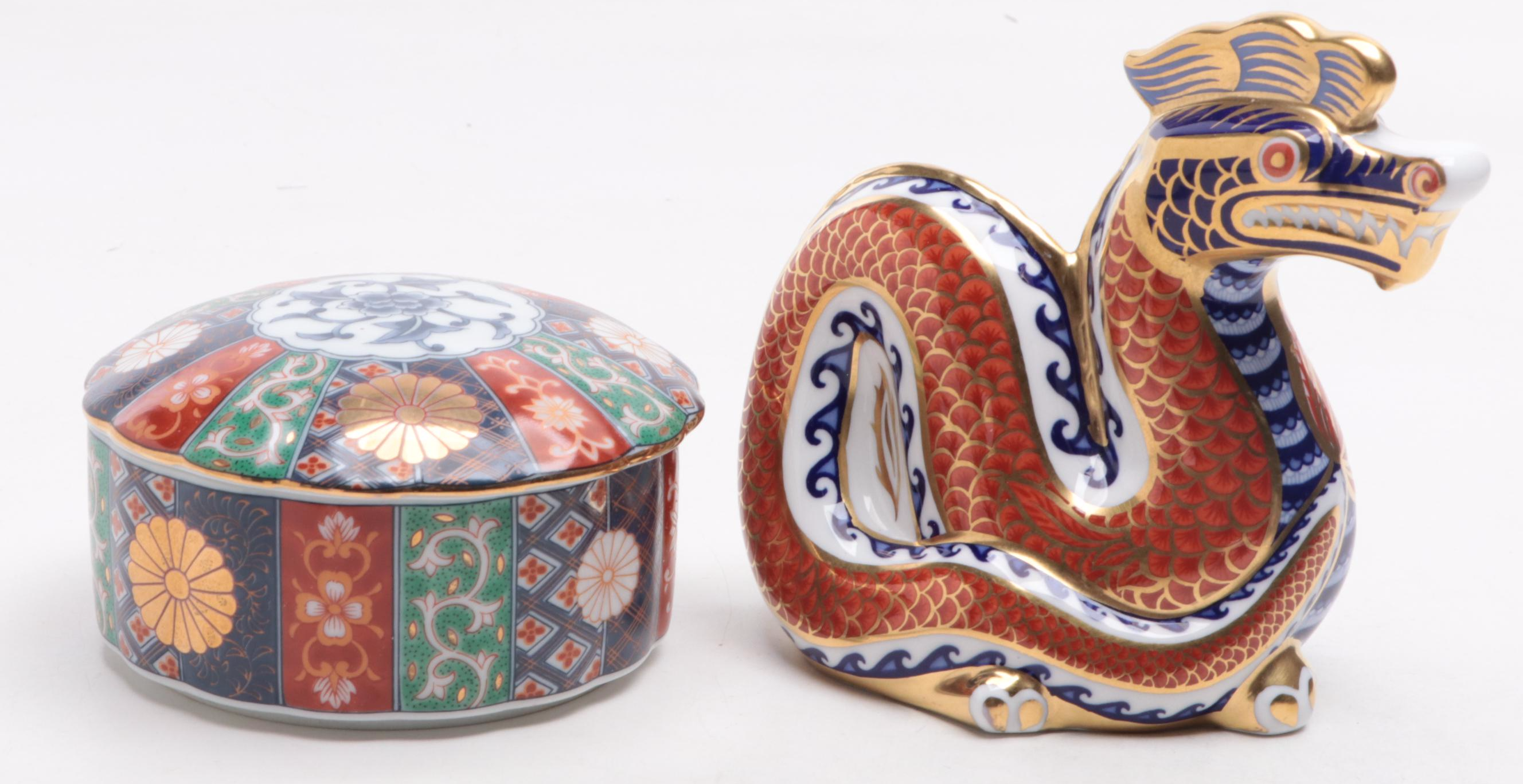 Royal Crown Derby Imari Style Boxes with Bird and Other Dragon Figurine