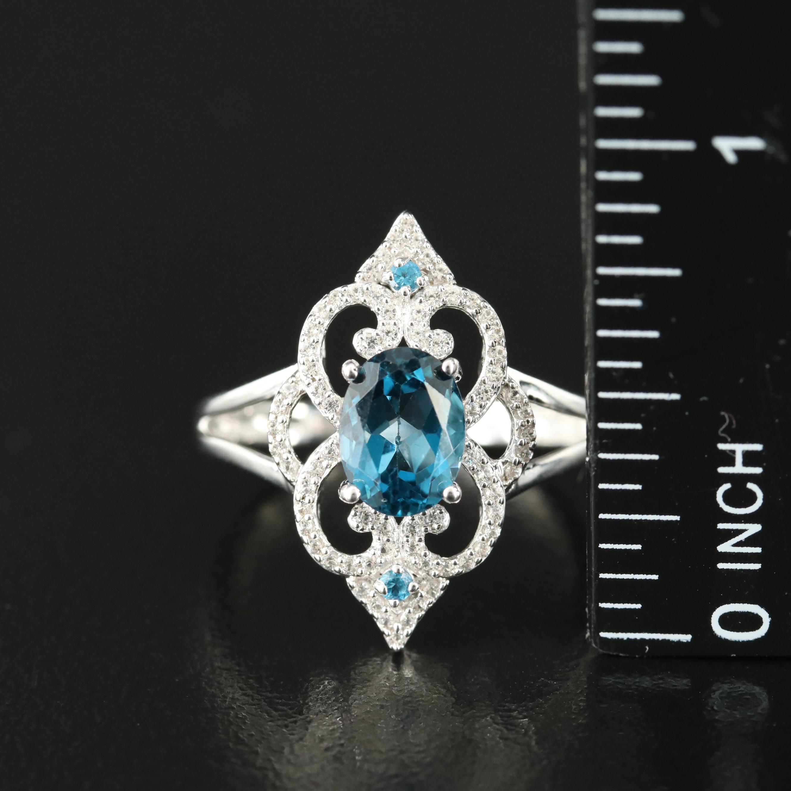 Sterling Topaz and White Sapphire Navette Ring
