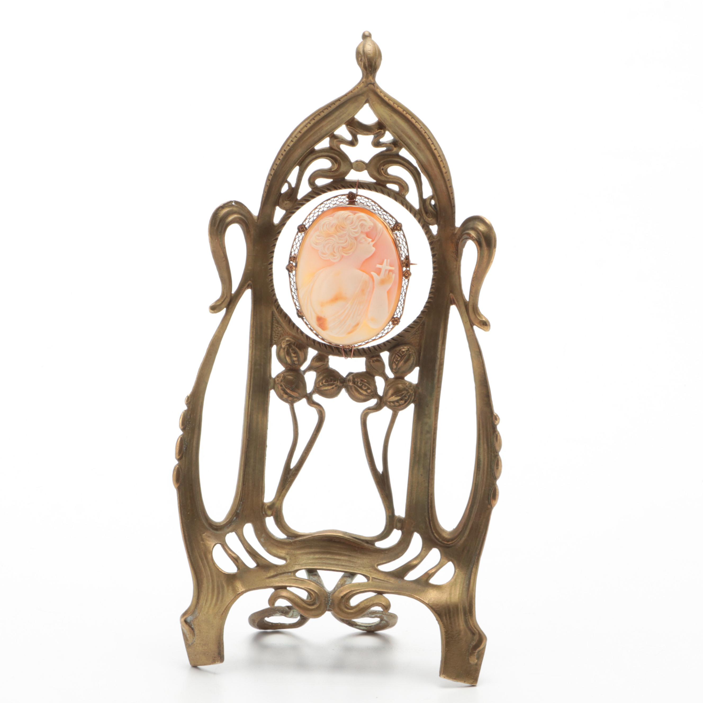 Carved Shell Cameo Brooch Housed in Brass Art Nouveau Frame