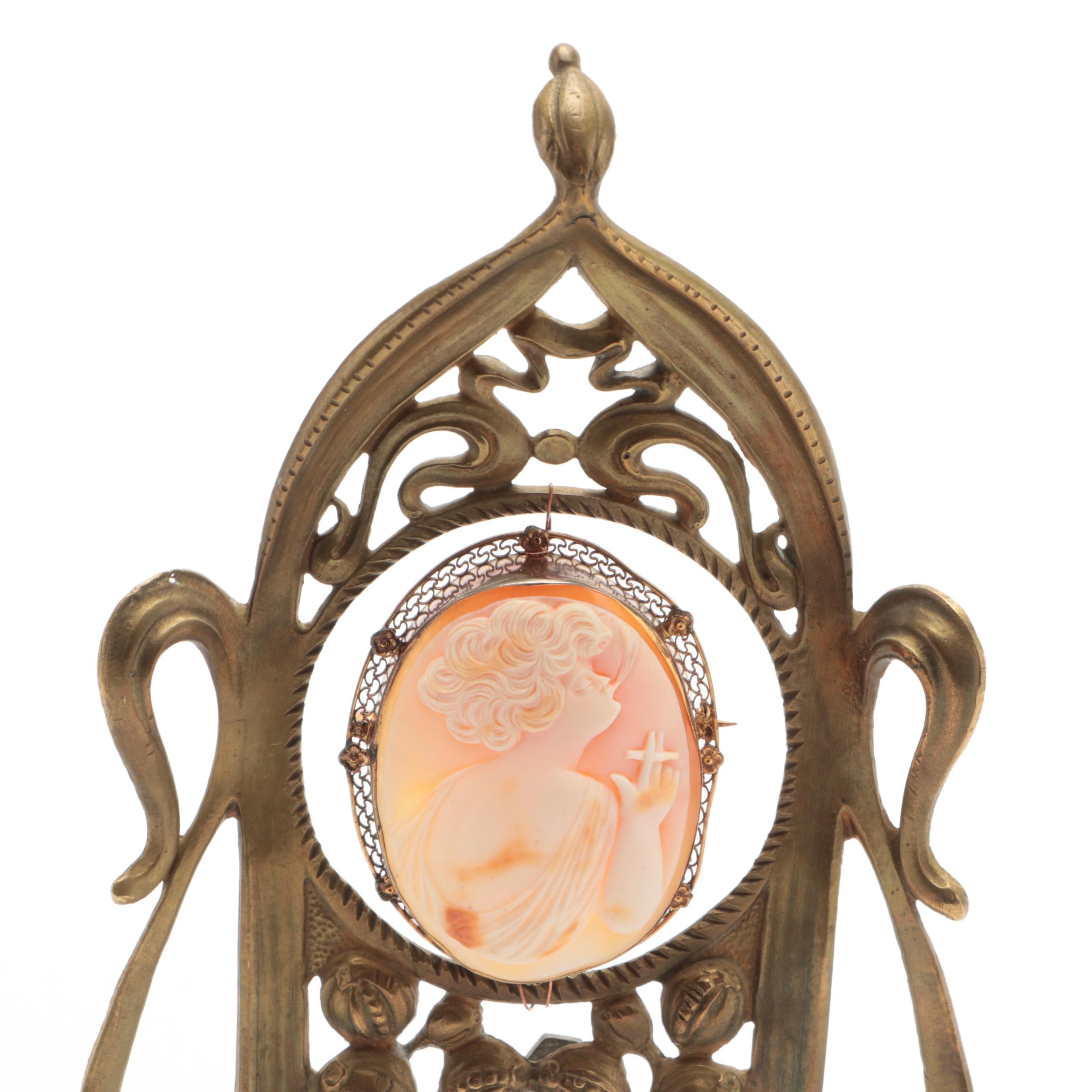 Carved Shell Cameo Brooch Housed in Brass Art Nouveau Frame