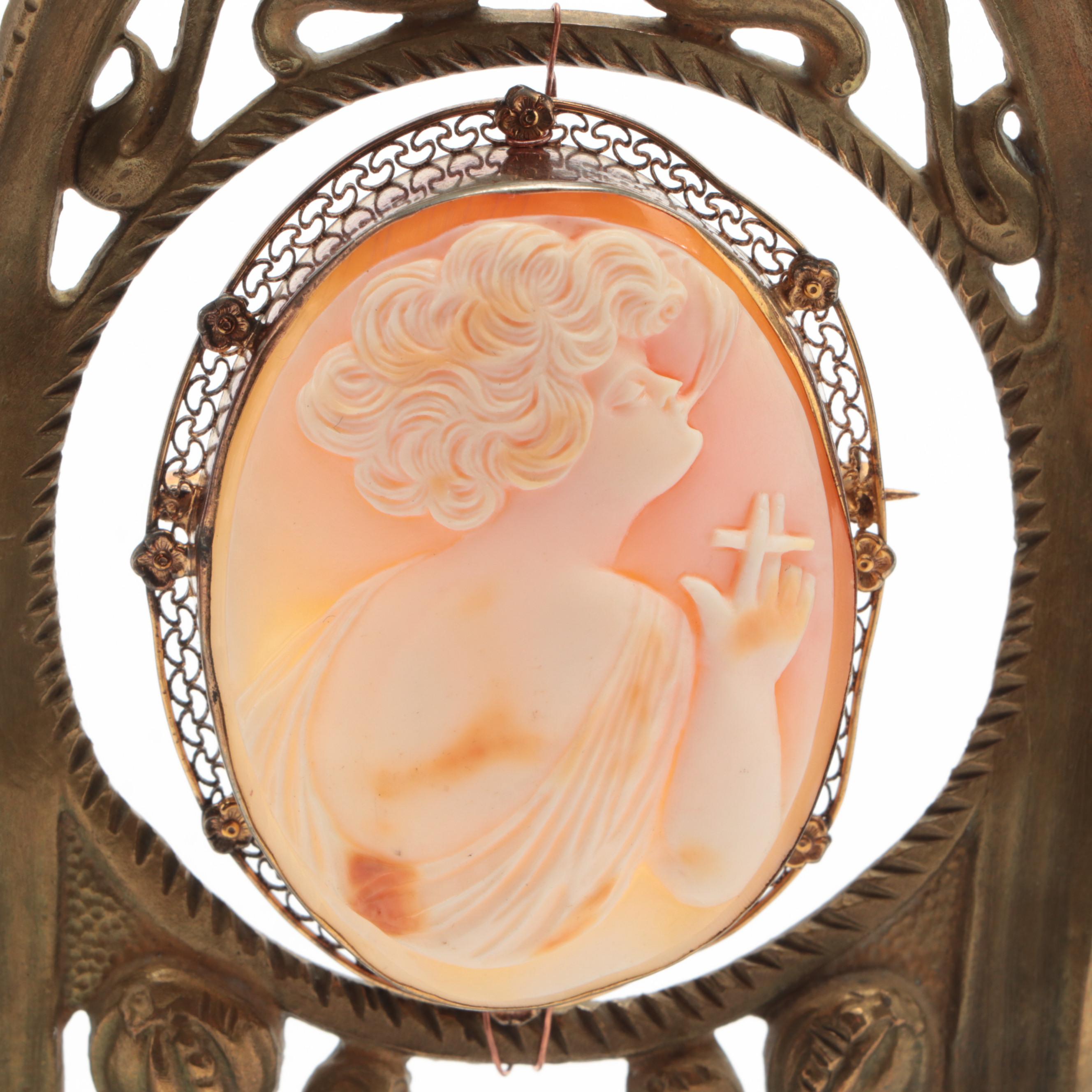 Carved Shell Cameo Brooch Housed in Brass Art Nouveau Frame