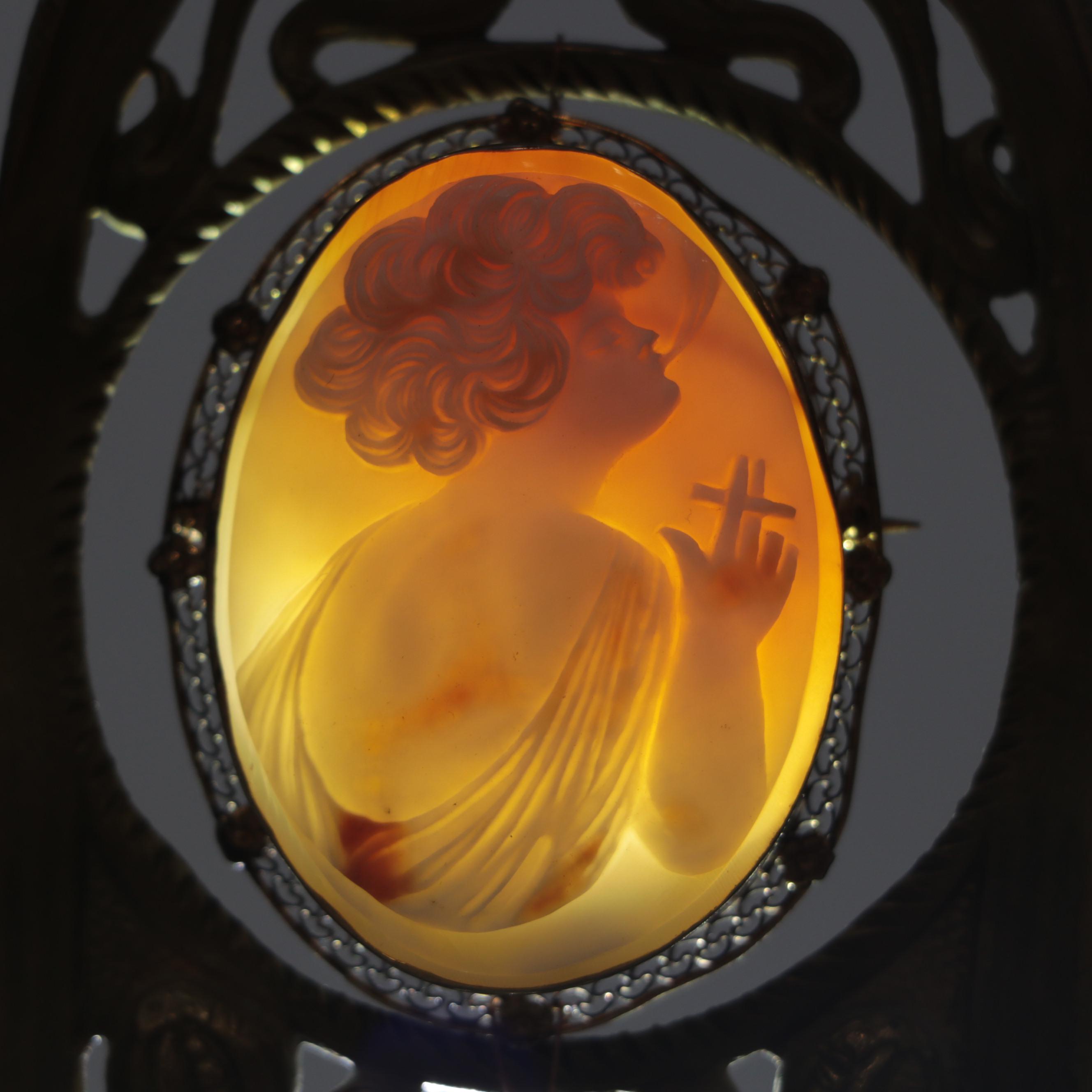 Carved Shell Cameo Brooch Housed in Brass Art Nouveau Frame