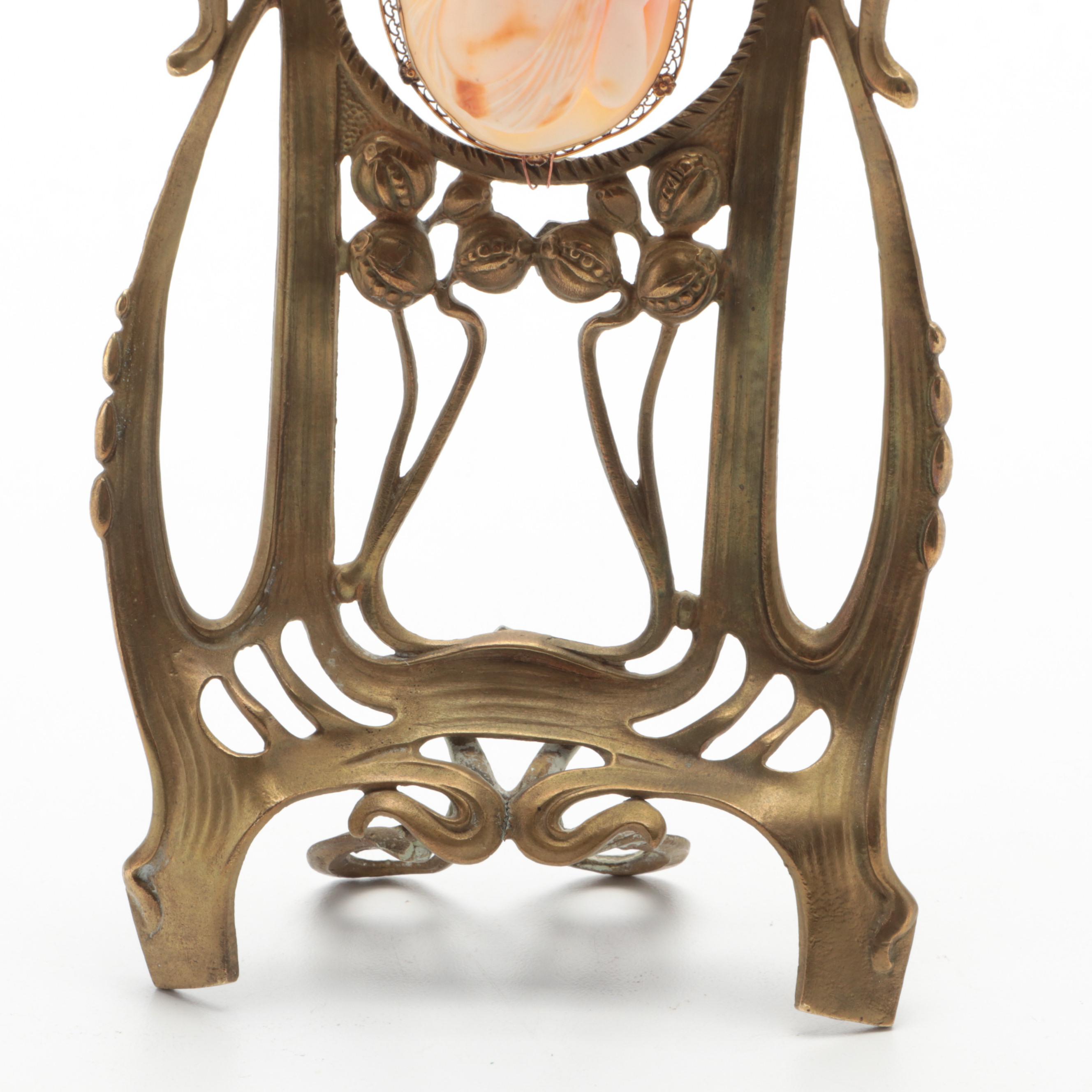 Carved Shell Cameo Brooch Housed in Brass Art Nouveau Frame
