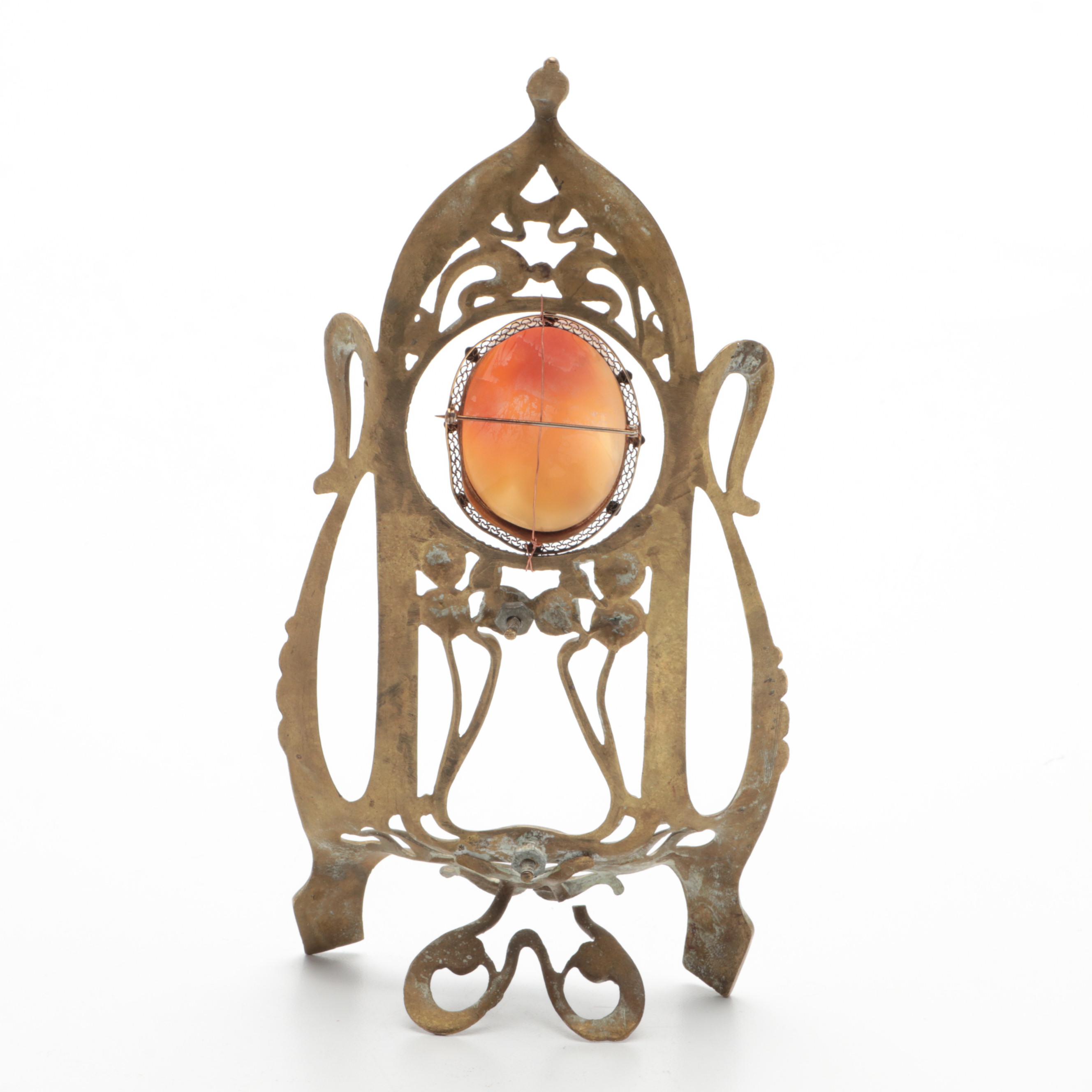 Carved Shell Cameo Brooch Housed in Brass Art Nouveau Frame