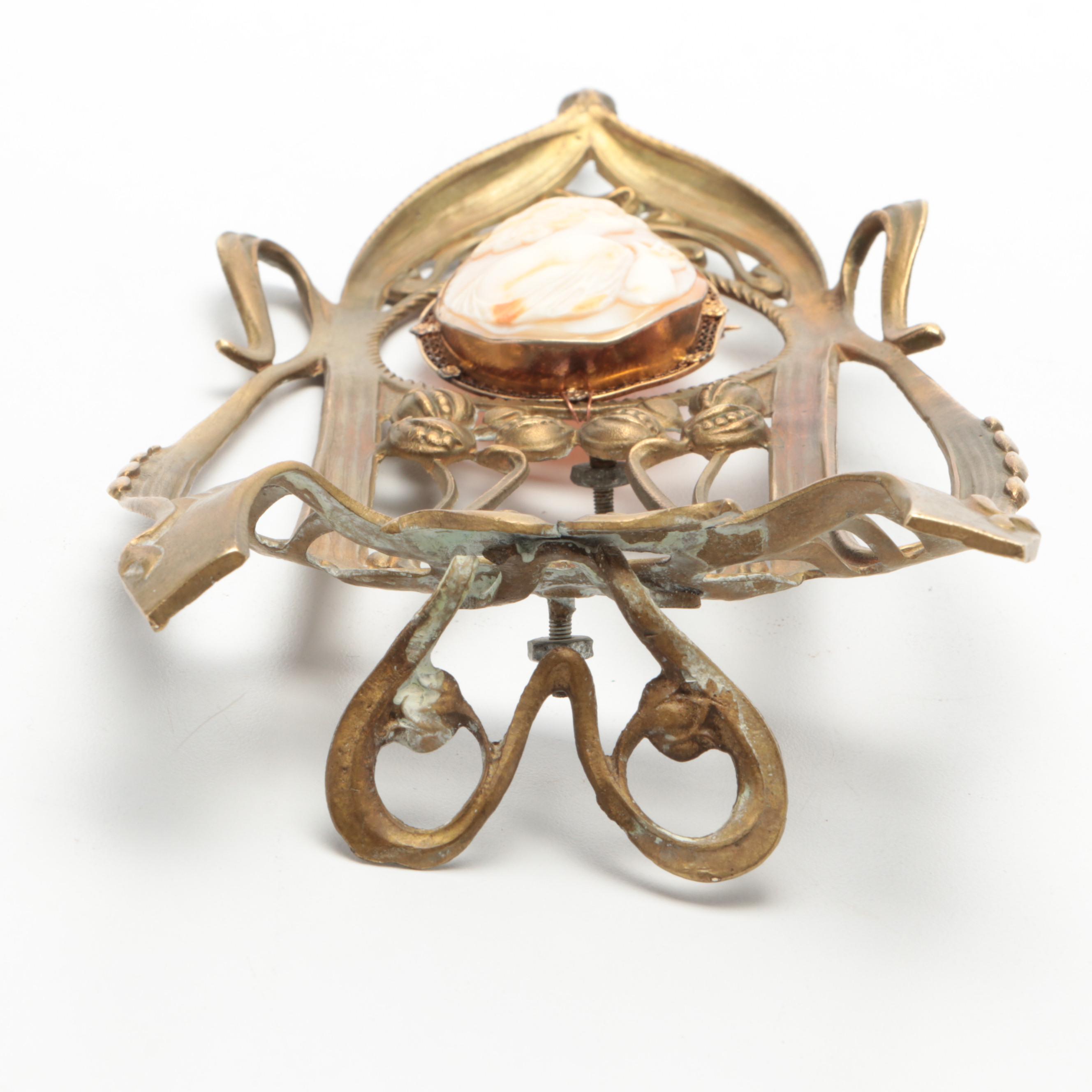 Carved Shell Cameo Brooch Housed in Brass Art Nouveau Frame