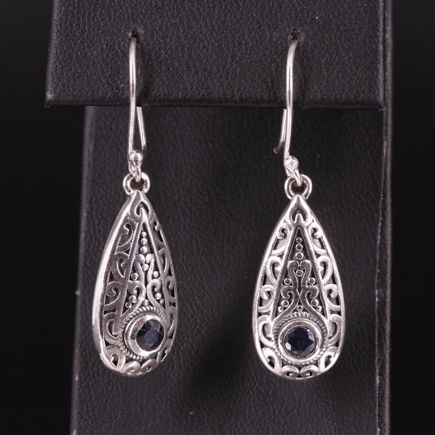 Bali Inspired Sterling and Sapphire Drop Earrings
