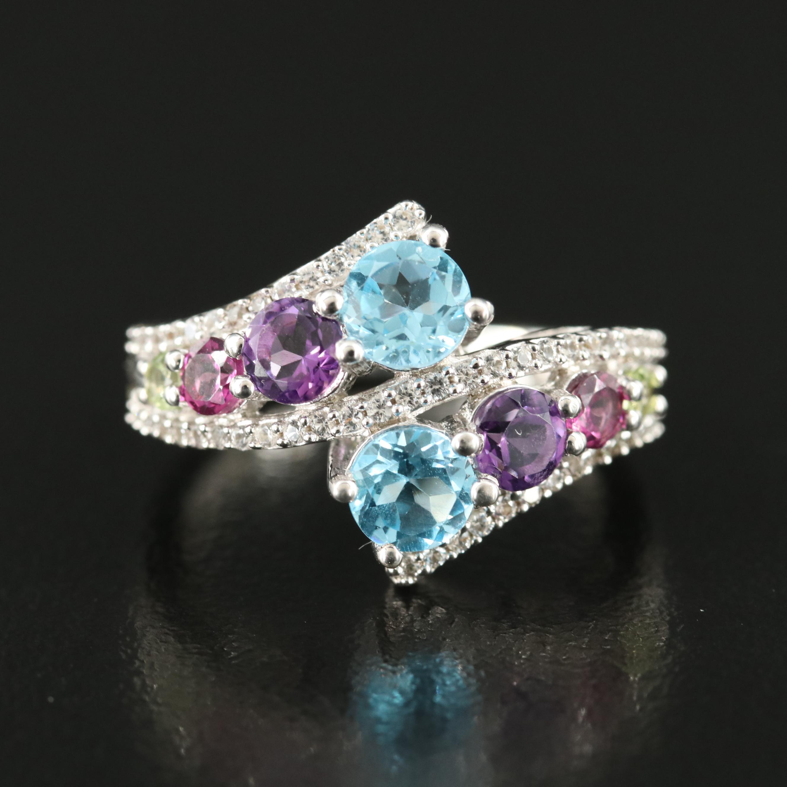 Sterling Topaz, Amethyst and Gemstone Bypass Ring