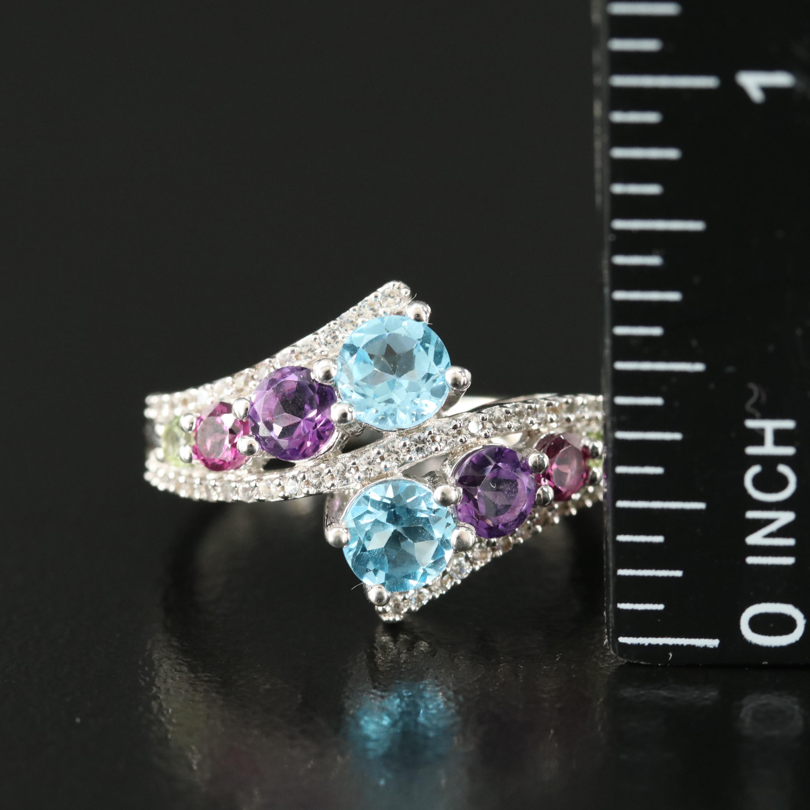 Sterling Topaz, Amethyst and Gemstone Bypass Ring